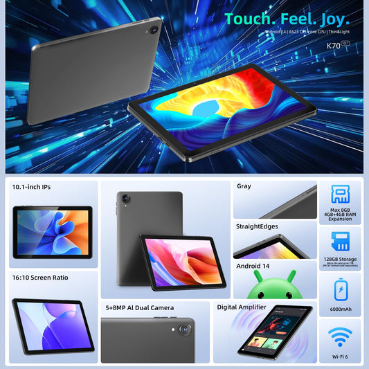 Rebecco 10-inch Android tablet, Octa Core, 1280*800 IPS HD display, 8GB RAM+128GB ROM (expandable to 1TB), Unisoc A523 CPU, 5G/2.4G WiFi, 5MP+8MP camera.