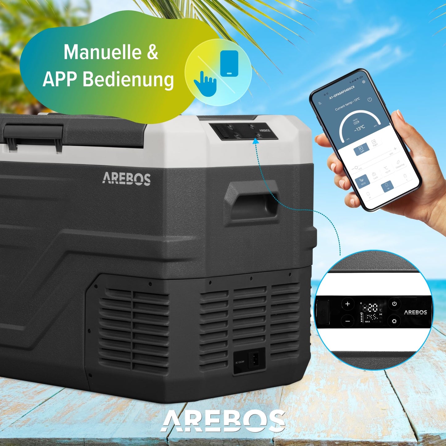 Arebos Compressor Cooler Box 35 liters | Electric Freezer Box with APP & Smart Control | Portable Cooler with USB connection | up to -20 °C | 12/24 V 230V | for Car, Truck, Camping, Boat, RV