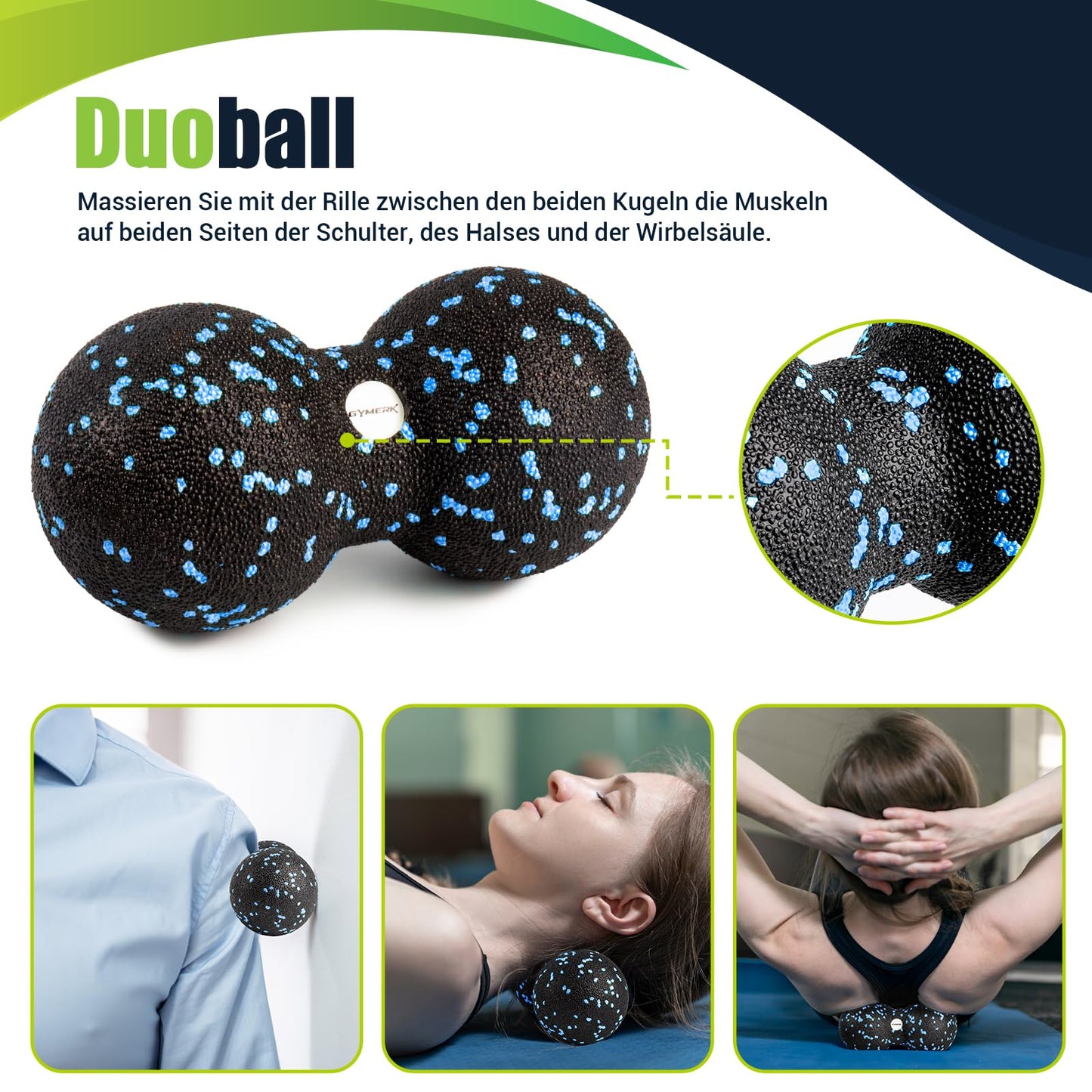 Fascia roller set with 3D texture massage. Includes instructions and poster in German. Carry bag. Yoga fascia set with fascia ball, small fascia roller, duo ball.