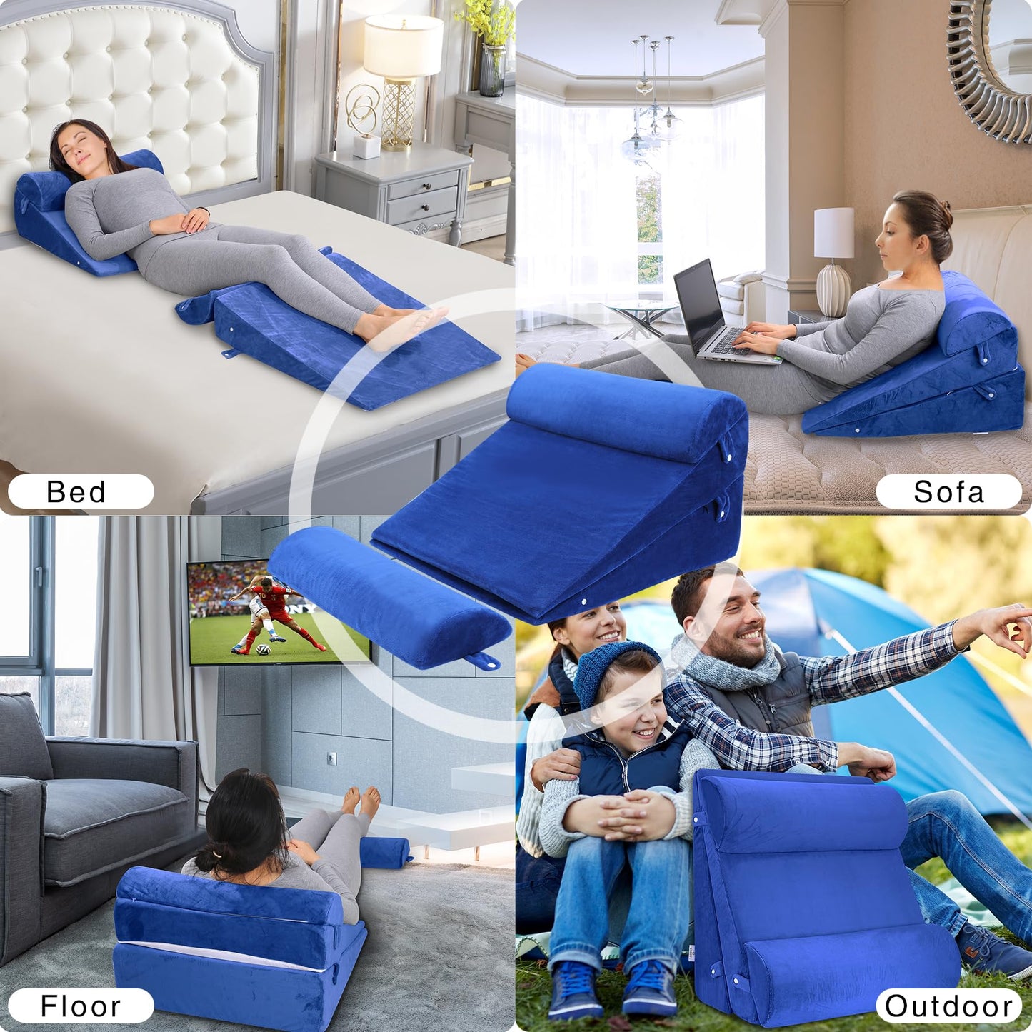 WDBBYL Bed Wedge Pillow Set, 4 pieces, for sleeping, elevation, post-surgery recovery support, acid reflux, GERD, snoring, washable velvet cover, Blue