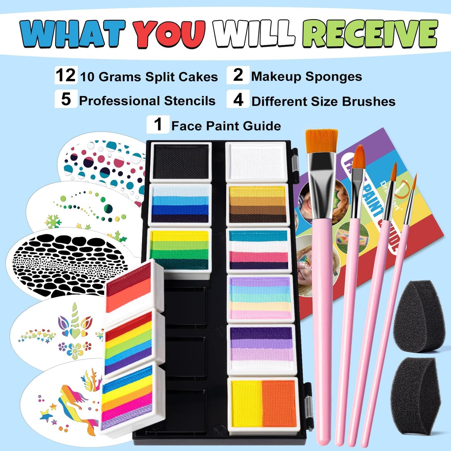 Children's makeup, split cake palette for face and body paint, carnival makeup for kids, Halloween face makeup set, body painting colors, carnival makeup set for girls.