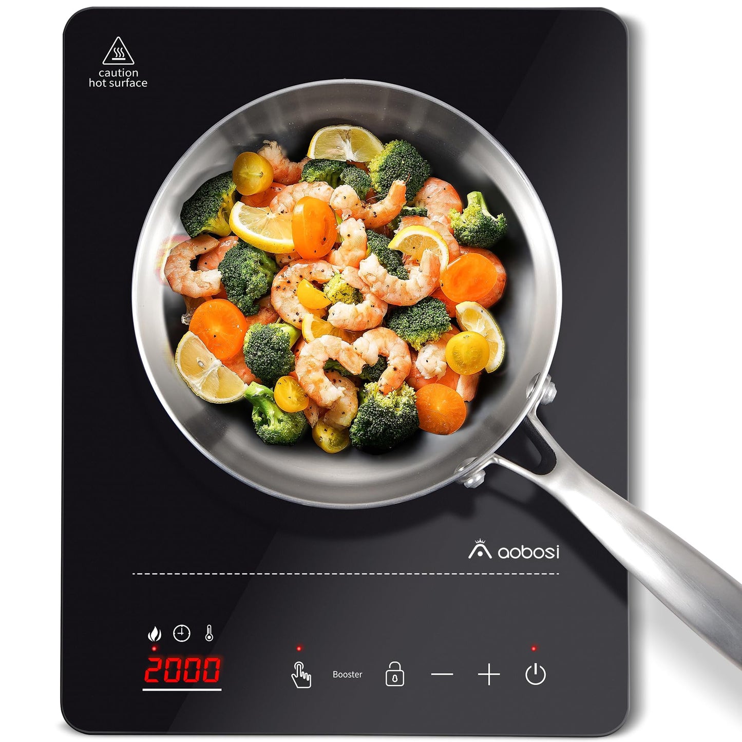 Aobosi Induction Cooktop, Induction Hob 1 Plate, 20 Power Levels and 20 Temperature Levels, 2000W Portable Induction Cooktop, LED Display, 10H Timer, Booster Function, Silver