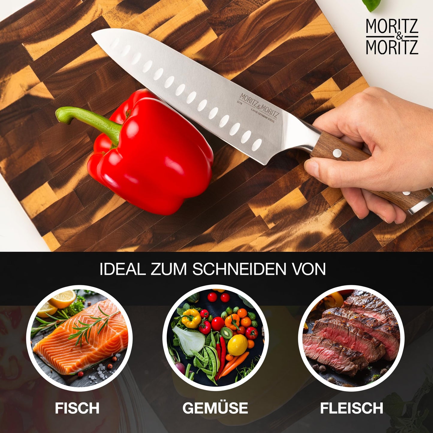 Moritz & Moritz Santoku Knife 18 cm - Professional chef's knife in Japanese style with extra sharp blade - Kitchen knife for meat, sushi etc. - Ergonomic acacia wood handle - German knife steel