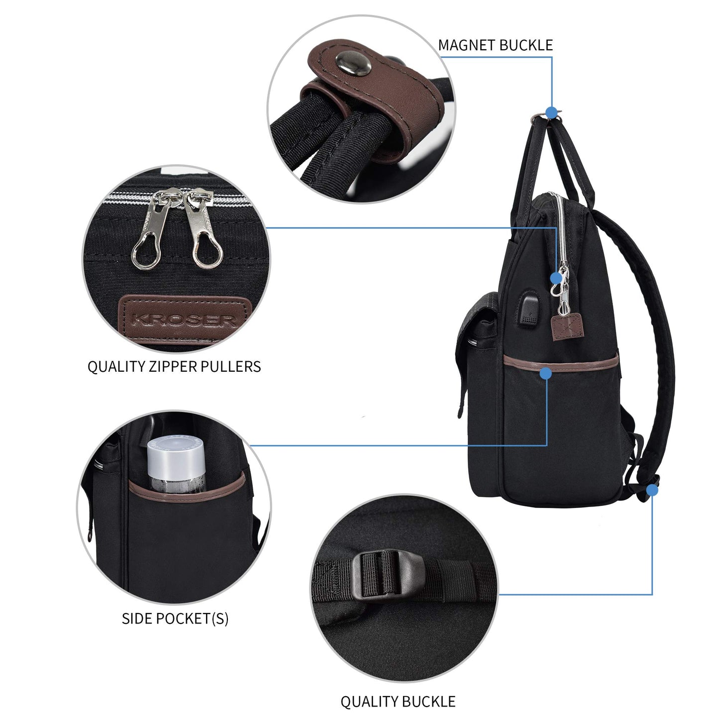 KROSER backpack for women, school laptop backpack 15.6 inch daypack waterproof for university/travel/business/work women/men, black.