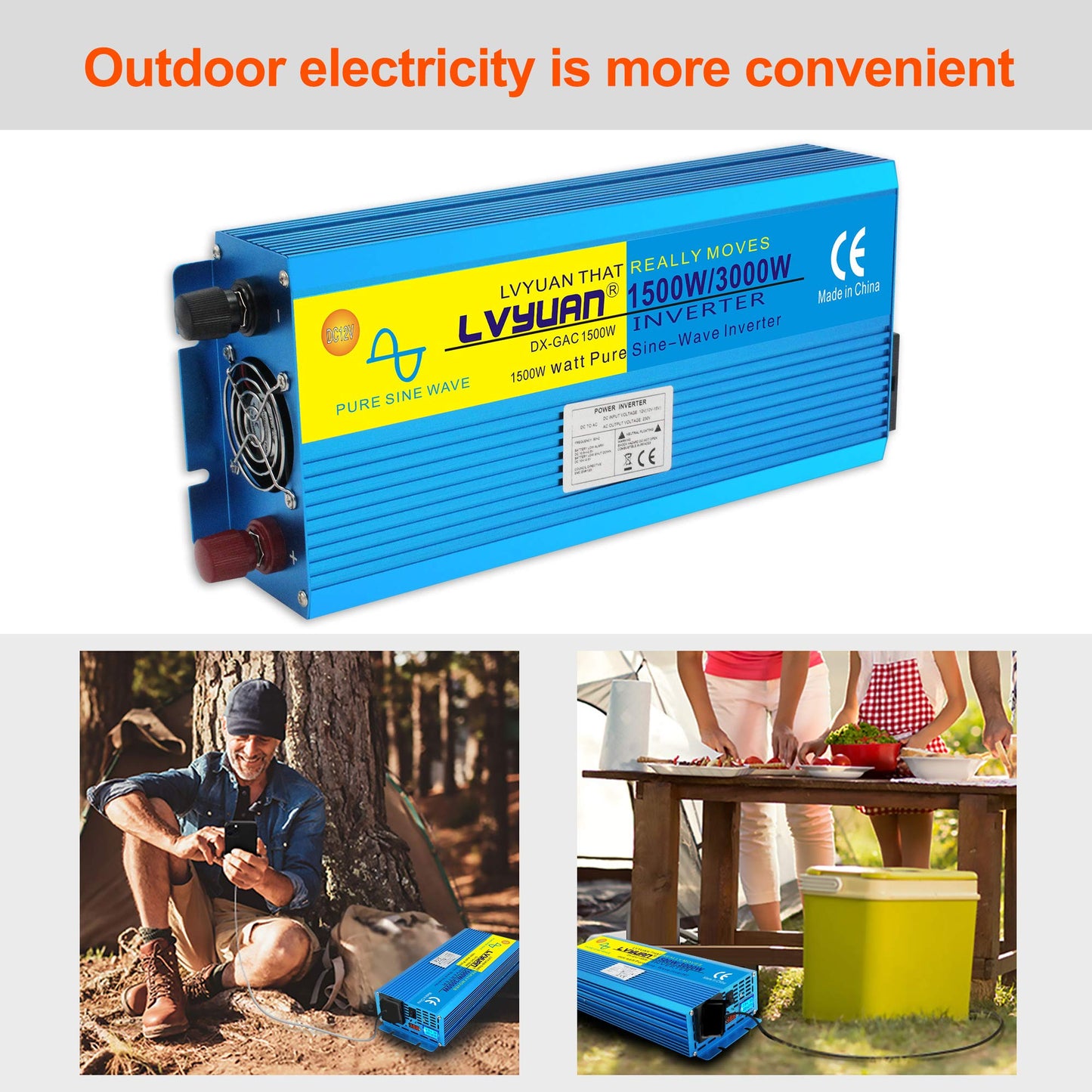 Cantonape 12V 230V inverter 1500W/3000W pure sine wave with remote control, EU socket, LED+LCD display, for car, caravan, boat, camping, travel.