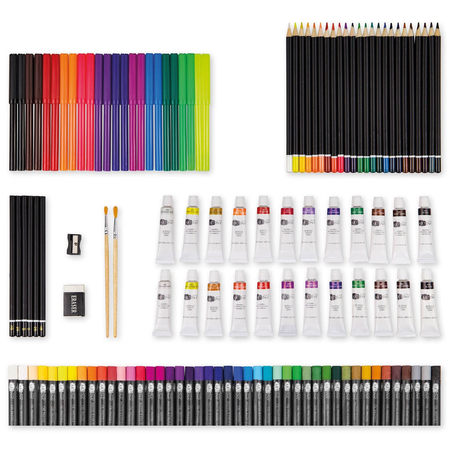 Artina 127-piece painting set Bologna XXL artist set with FSC wood painting case - acrylic paints, watercolor paints, colored pencils, pastel pencils, fineliners, pencils - large drawing set with storage for beginners