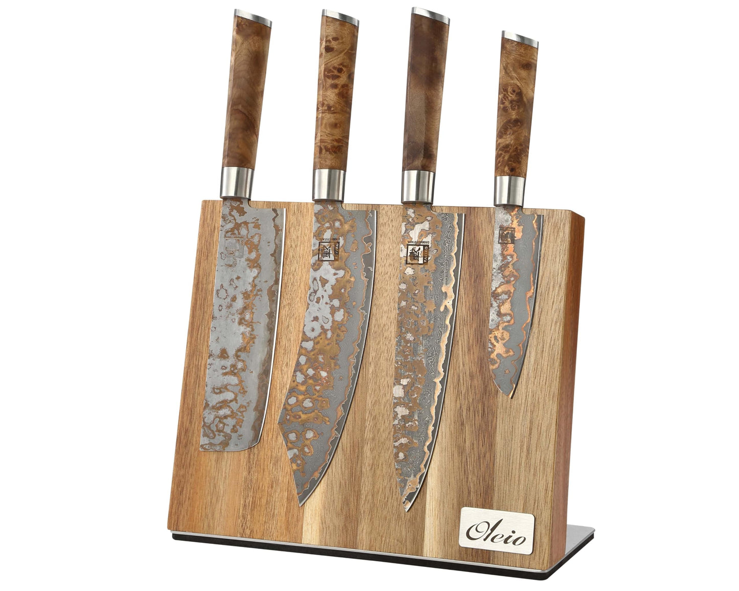 Oleio Magnetic Knife Block - Kitchen organizer made of acacia wood with magnetic strip for up to 6 knives - stainless steel base & non-slip pad - 3.8 cm thick knife block without knives - knife stand