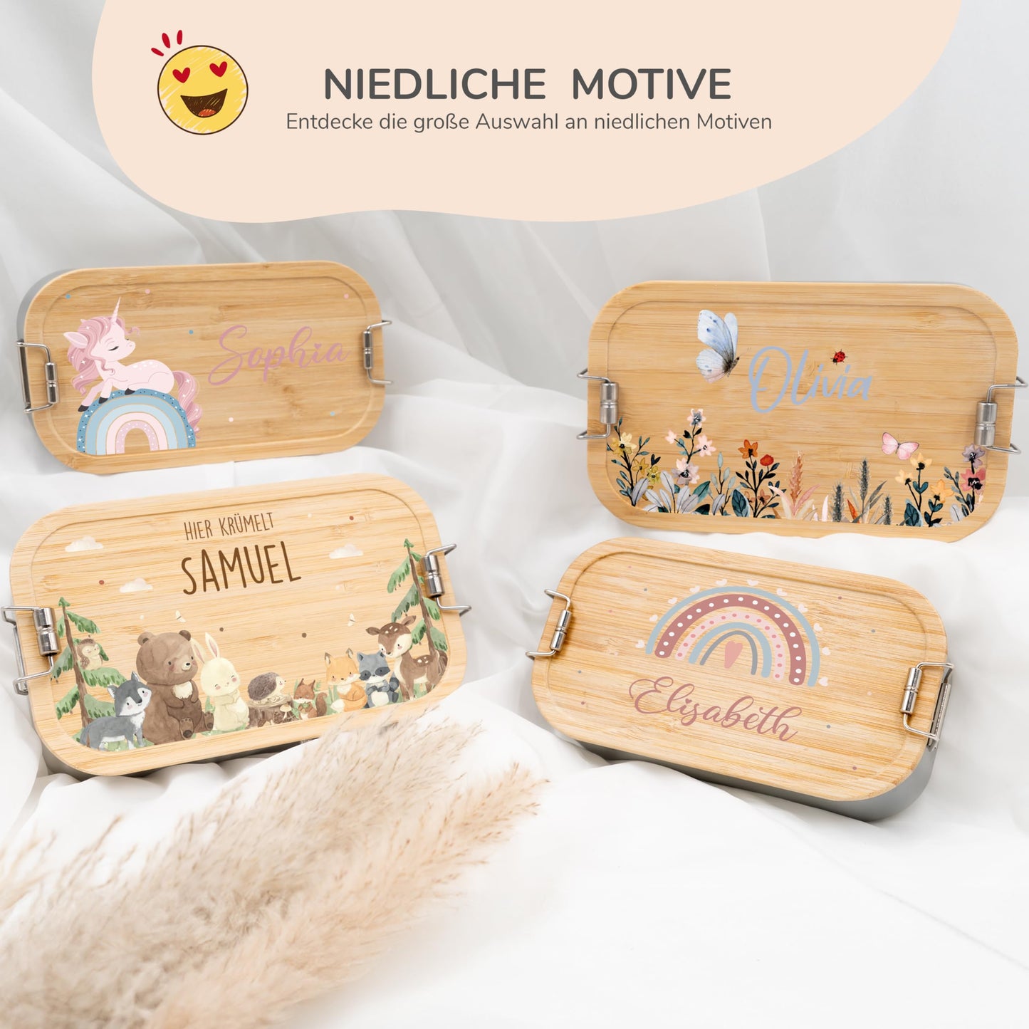 Kidsmood - Personalized lunch box for kids with compartments, stainless steel lunchbox with bamboo lid. Printed without harmful substances, featuring cute animal design & name. Perfect back-to-school gift for girls & boys.