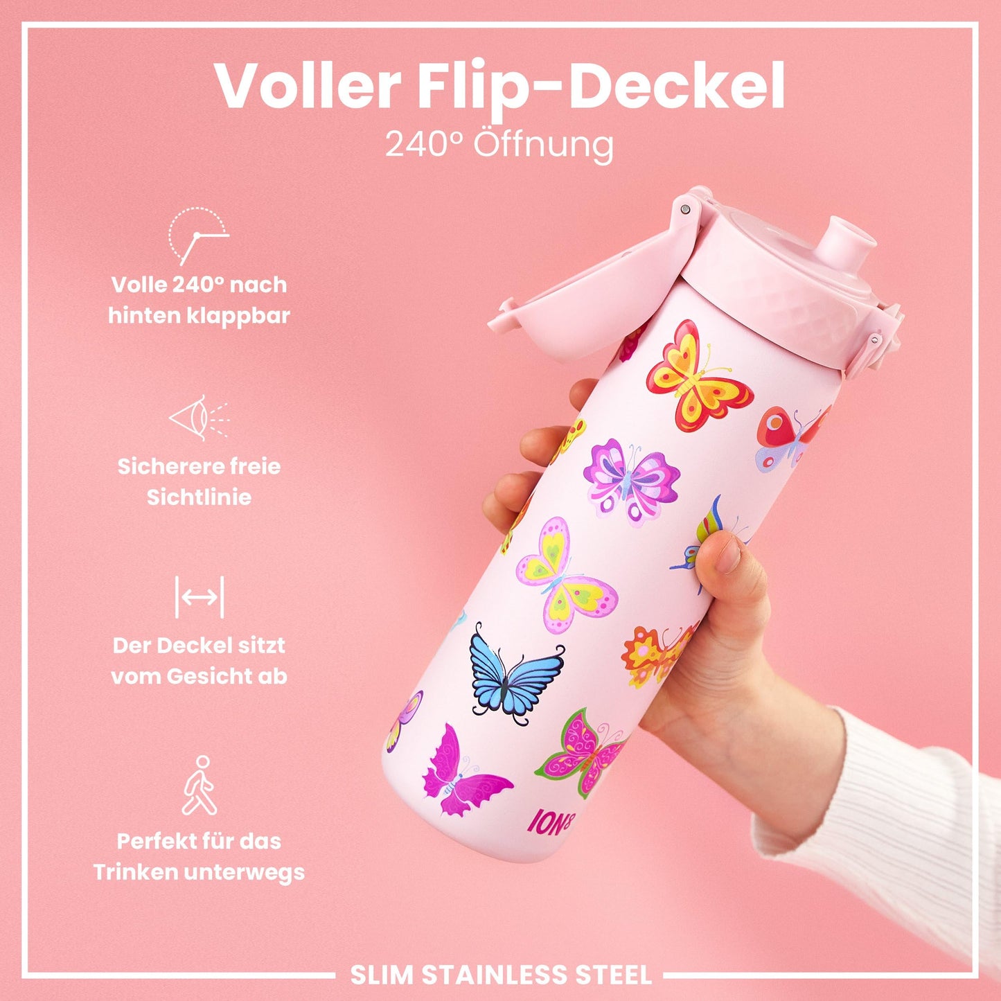 ion8 600ml stainless steel water bottle. Non-insulated, leak-proof, one-handed opening, secure locking, dishwasher safe, flip lid, carrying handle. Easy to clean, butterfly design.