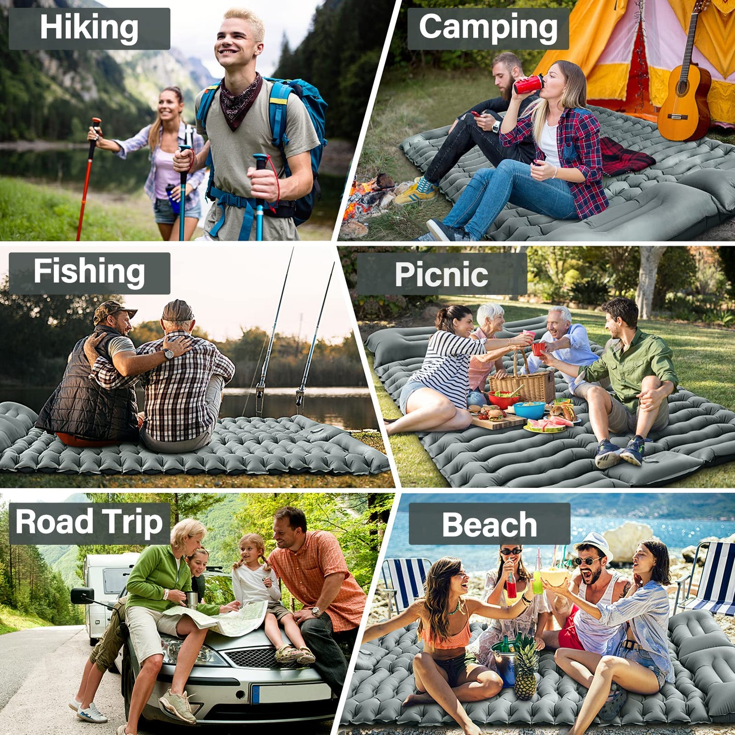 Yuzonc Double Camping Mattress, Self-Inflating Camping Pad with Foot Pump, Ultralight Thickened Sleeping Mat for Hiking Travel Backpacking Tent (Gray)