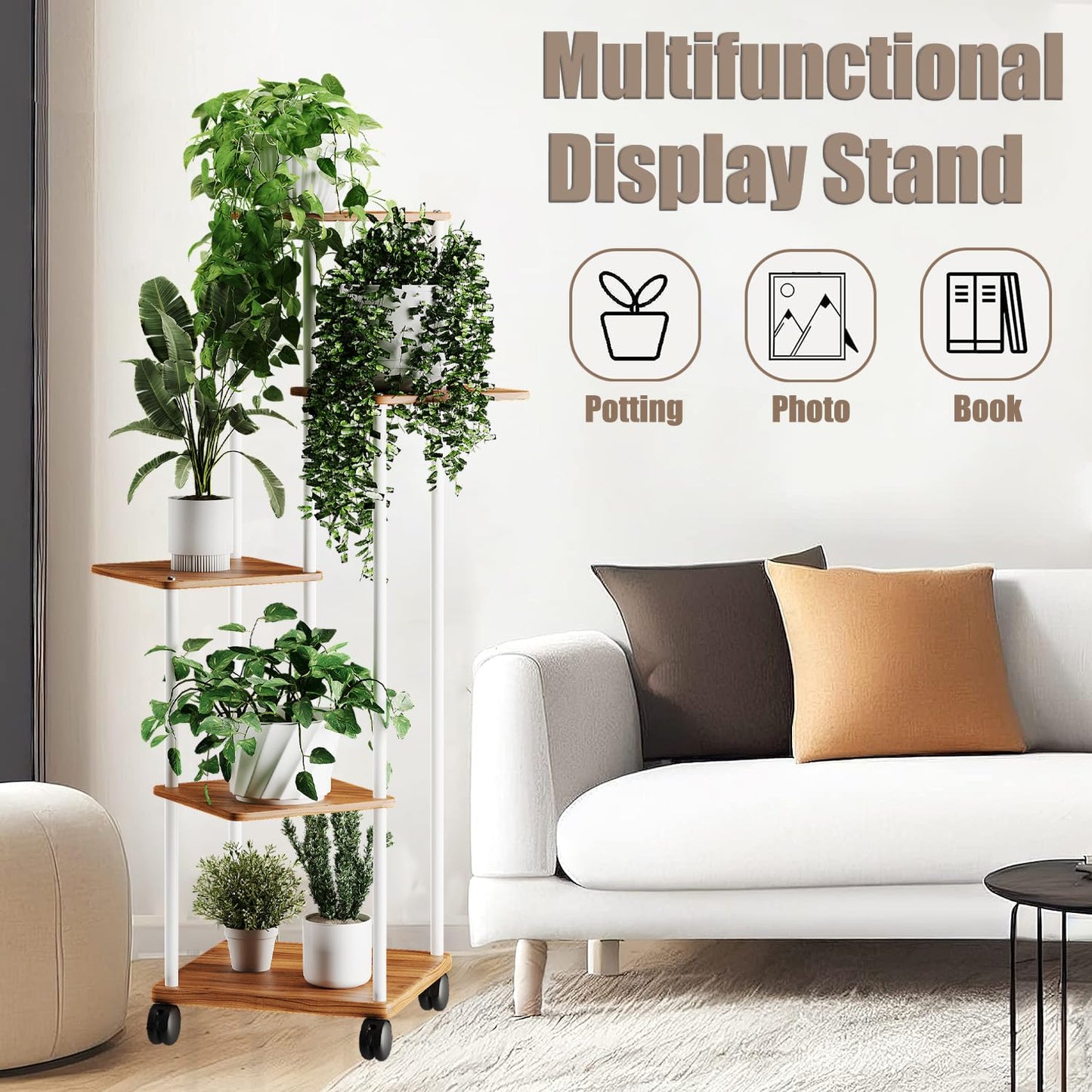 5-tier wooden flower shelf plant stand with optional wheels, multi-layered flower rack plant holder flower bench flower ladder plant ladder shelf for indoor garden balcony decor.