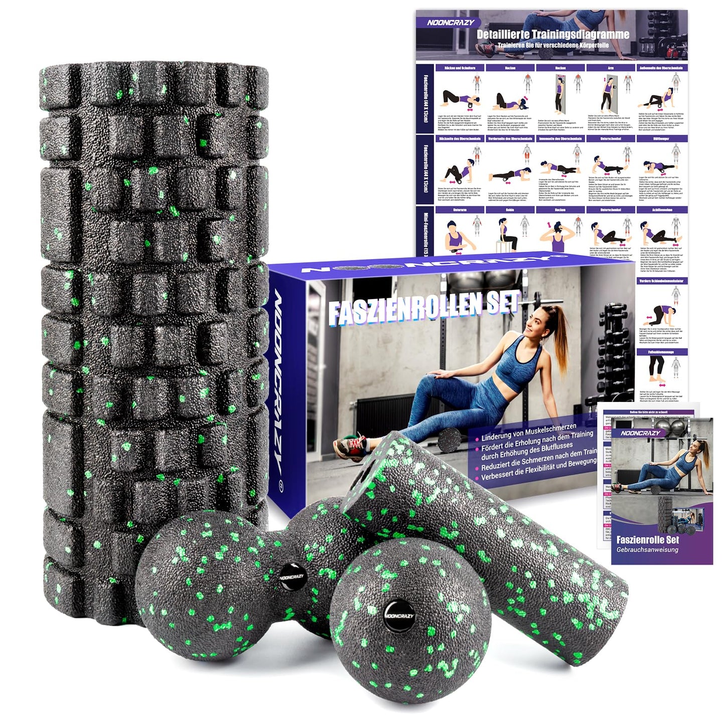 Fascia roller set, set with 3D texture massage fascia roller, mini fascia roller, fascia ball, and duo ball. Fascia set for training muscles, connective tissue, and metabolism, with training posters.