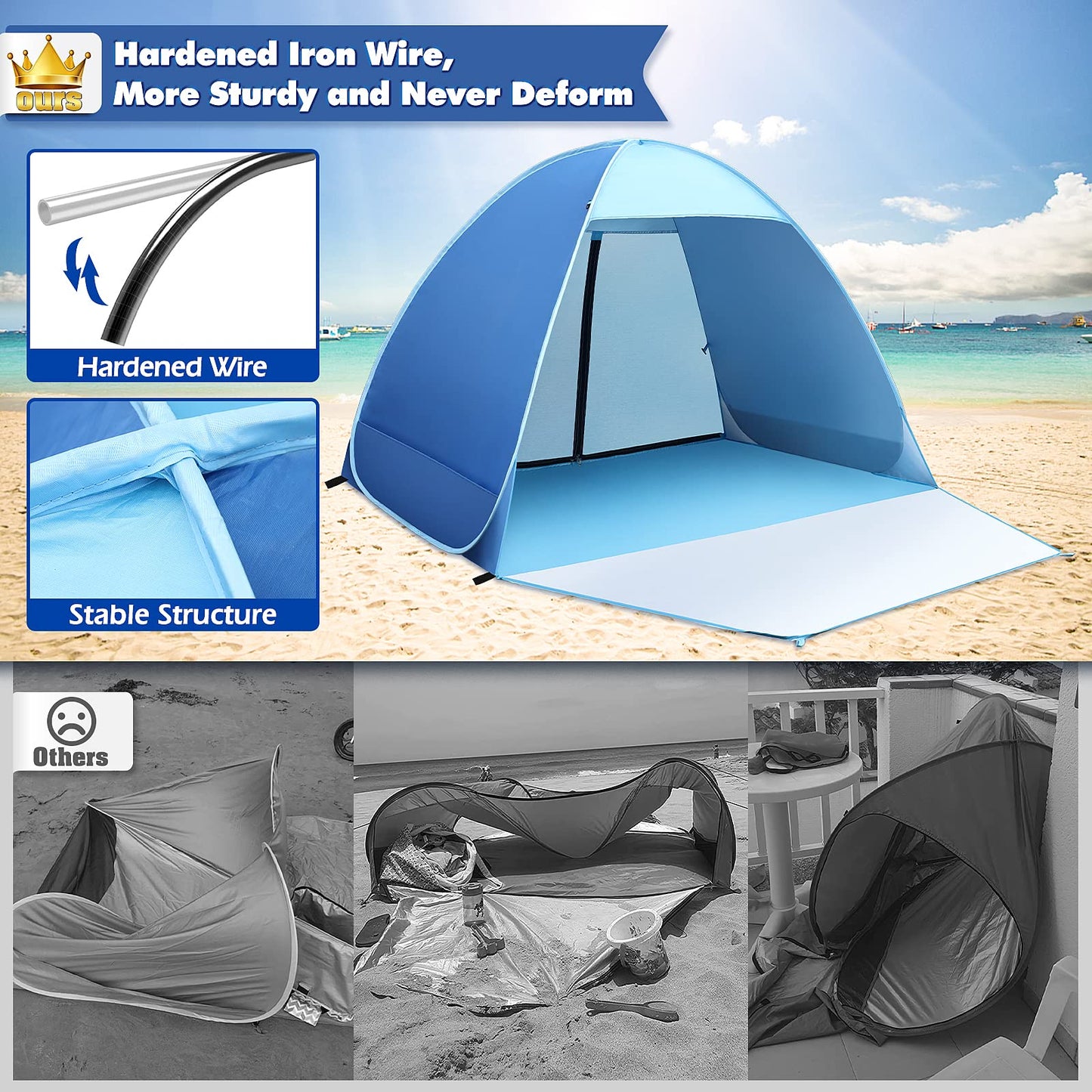 Pop-up beach tent, 2-3 person family tent with UV protection UPF 50+. Beach tent with zipper backdoor, front door with buckles. Compact size for sun protection at the beach or in the garden.