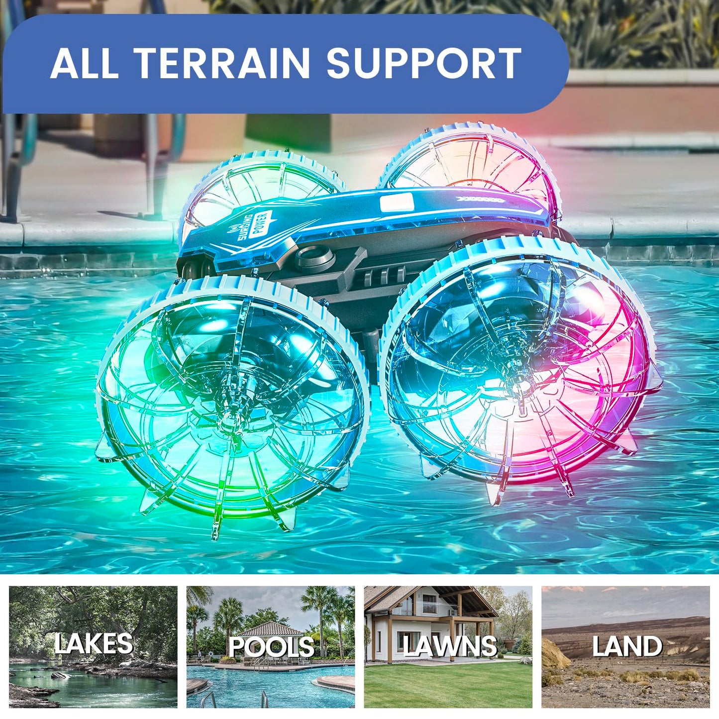 Tecnock Amphibious Remote Control Car, 4WD 360° Rotating Gesture Sensor Stunt RC Car with Lights, Remote Control Boat with Waterproof Remote, Gifts Toy for 3-8+ Years (with Watch)