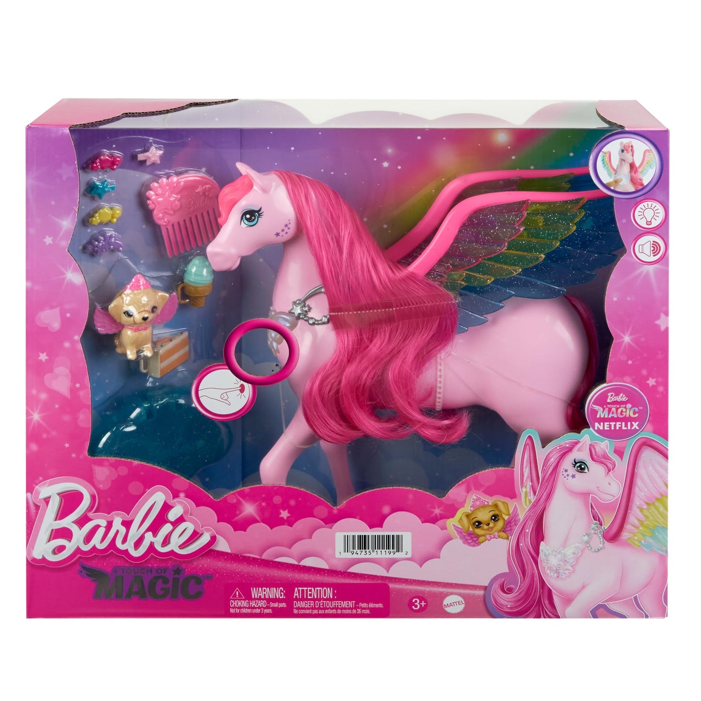 Barbie Hidden Magic Pegasus - Interactive toy with lights and sounds, 10 accessories, rainbow wings, for children 3+. Item number HLC41.
