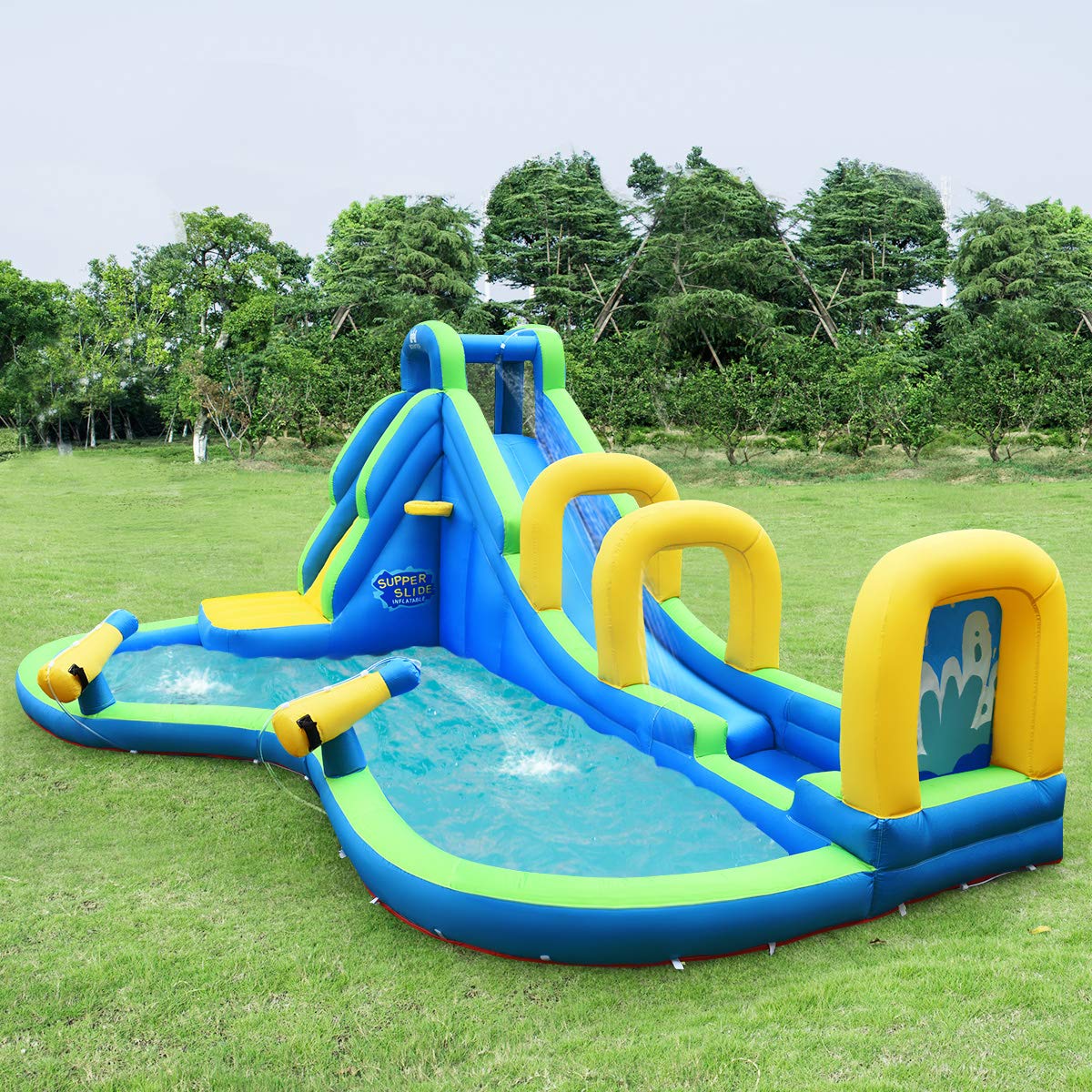 COSTWAY Inflatable Bounce House Water Slide Play Pool, Water Play Center with Slide, Inflatable Water Park, Splash Pool 478x366x242cm (Bounce House Only)
