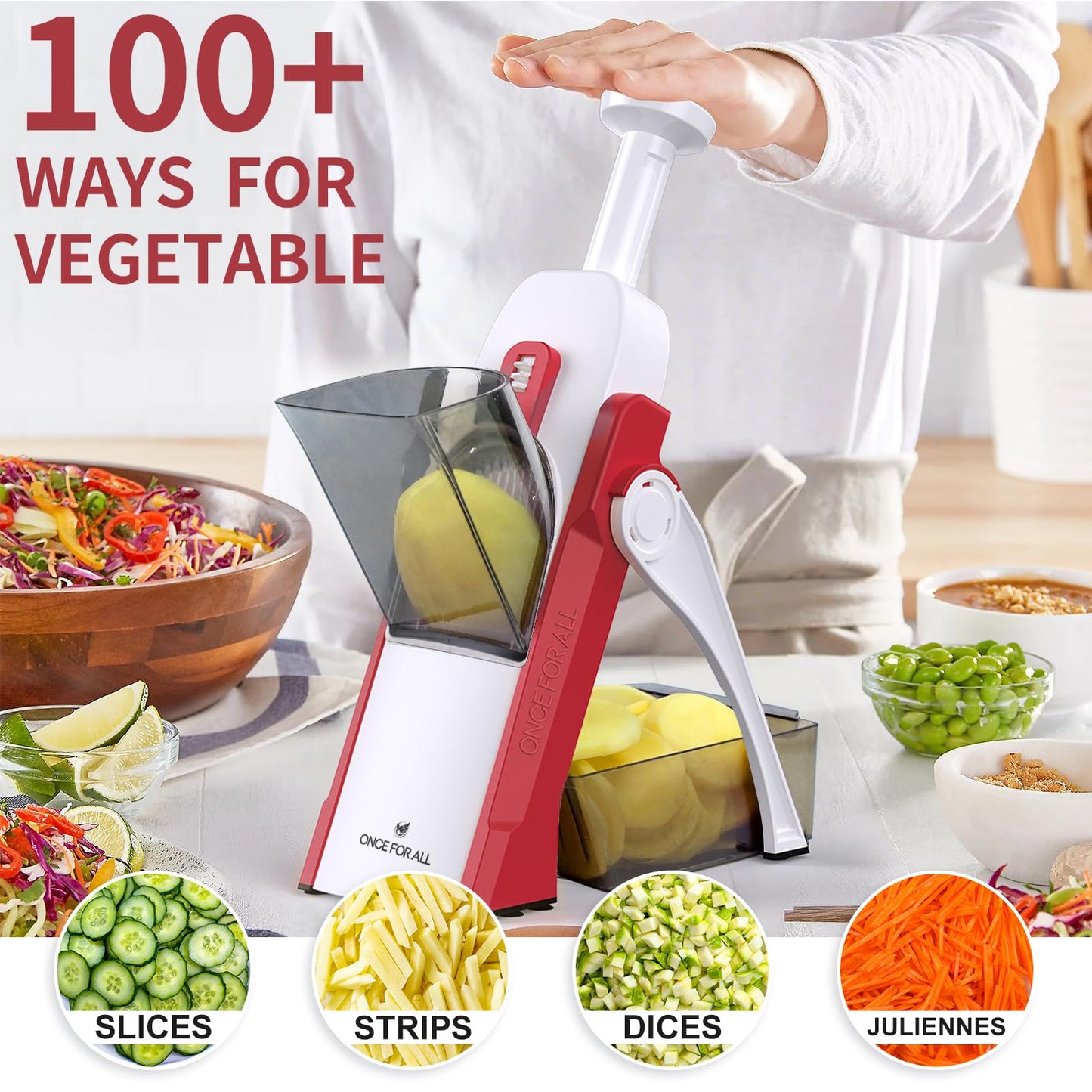 ONCE FOR ALL Vegetable Cutter with Container, ideal for slicing potatoes & onions, cucumber slicer - dicer, julienne cutter.