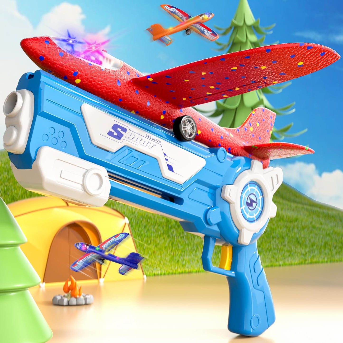 Doloowee Plane Toy, 3 Styrofoam Flyers with Catapult Toy Gun, Outdoor Toy for Kids Age 4+, Gift Boys Girls 4-10 Years