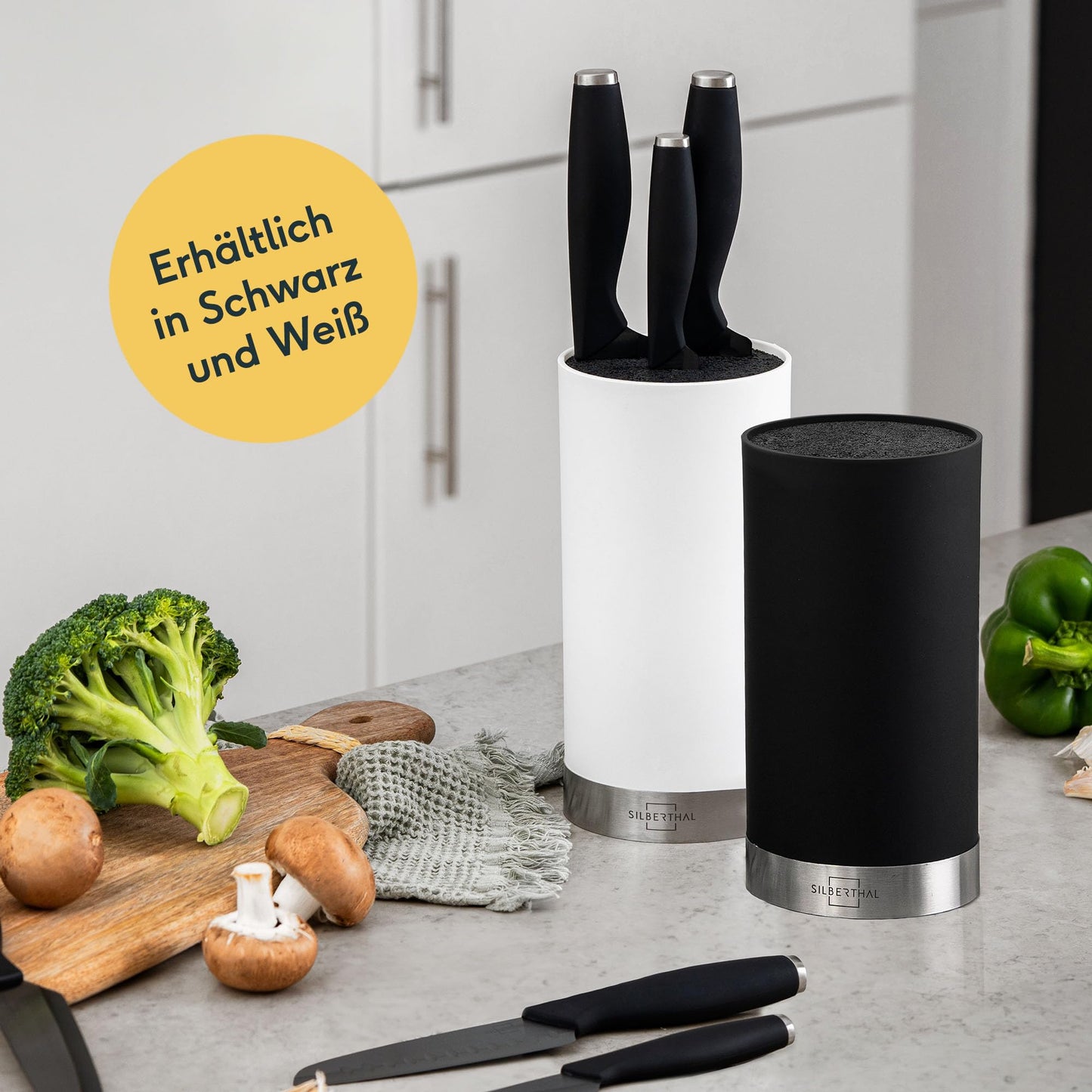 SILBERTHAL Universal Knife Block without Knives - removable bristle insert - storage for up to 10 knives - Black - Recycled plastic with stainless steel ring
