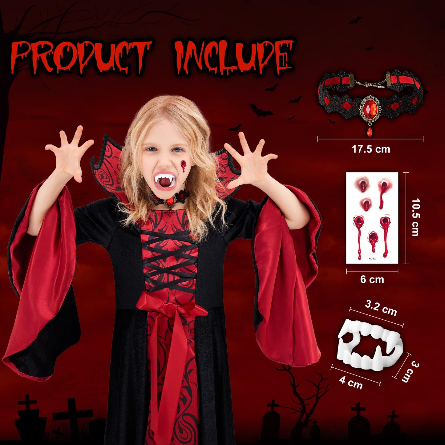 Funnlot Vampire Costume Girls Gothic Halloween Costume Dress with Vampire Teeth Kids Carnival Costume Cosplay M(7-9 Years)