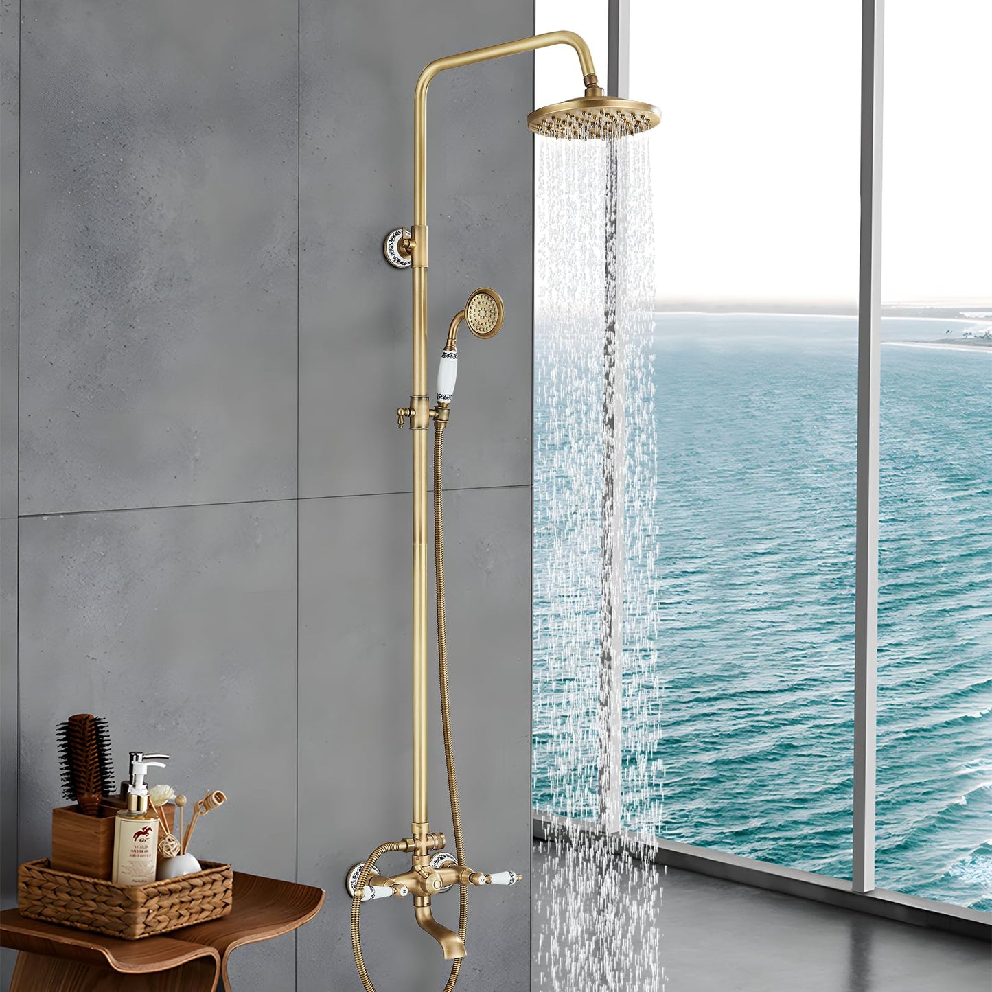 Suguword Vintage Brass Shower System with Ceramic Handles Tub Spout Brass Shower Faucet Shower Set Shower System Rain Shower Set with Shower Head Handheld Shower Head Anti-Limescale Shower Set