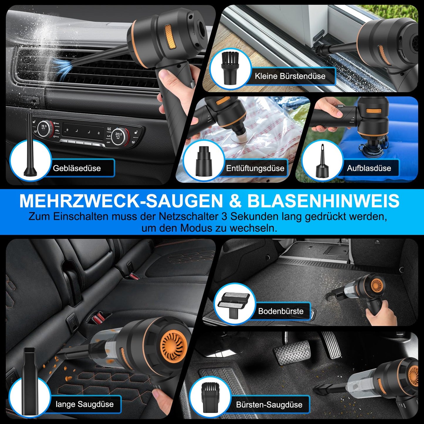 Fwiull Handheld Vacuum, 18000PA Car Vacuum, 4-in-1 Cordless Handheld Vacuum Cleaner, 3-Speed 200000 RPM Car Vacuum, Foldable Car Vacuum for Office Use, Car, Kitchen, Pet Hair