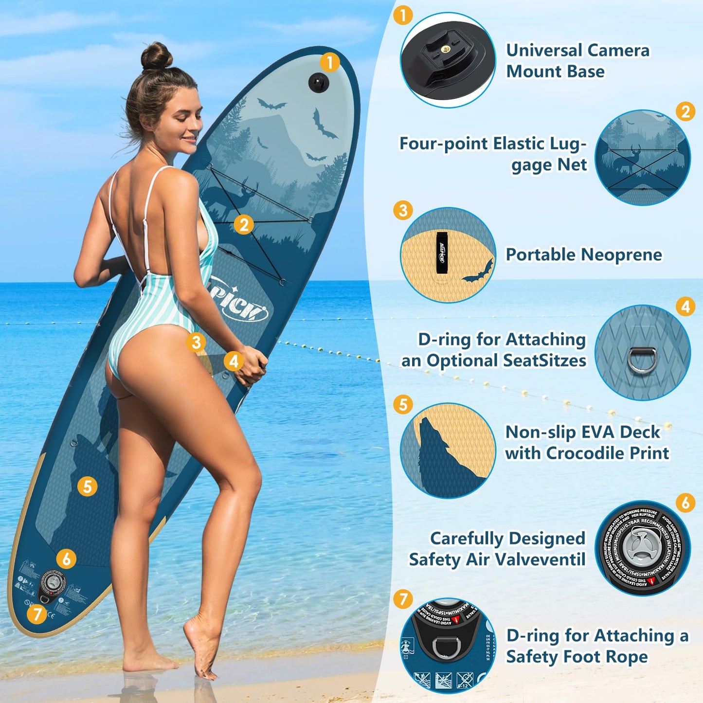 ALLPICK Premium SUP Board Set, Inflatable Stand Up Paddle Board, with Universal Camera Mount, Complete Accessories, Adjustable Paddle, for Beginners, Advanced, 200kg (Mysterious Blue)