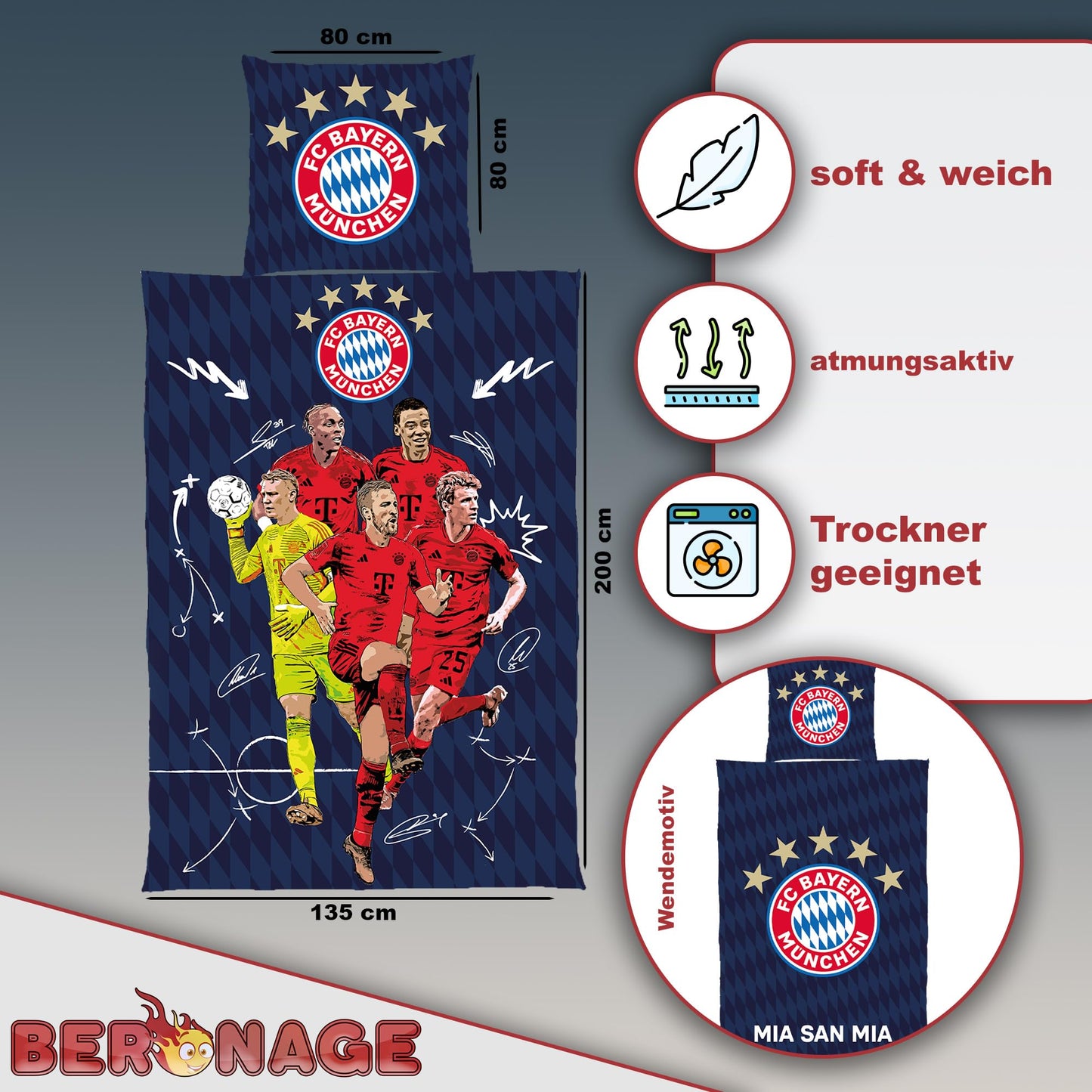 FC Bayern Munich bedding Player 135x200 cm + 80x80 cm 100% cotton flannel record champions Harry Kane, Musiala, Müller Allianz Arena football FCB German size zipper