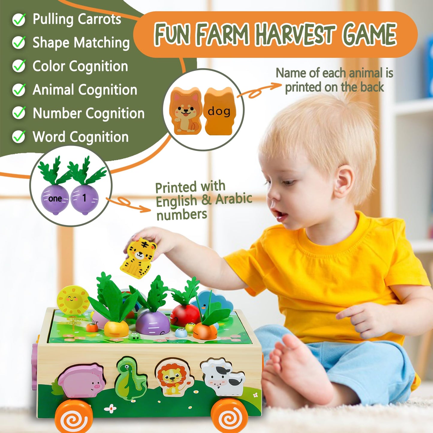 MutoToy® Montessori Toy for 1 year olds, 6 in 1 Multifunctional Wooden Toy for 1 2 3 year old kids, Farm Motor Skills Toy made of wood, Animal Sorting and Stacking Learning Toy Gift for Girls Boys.