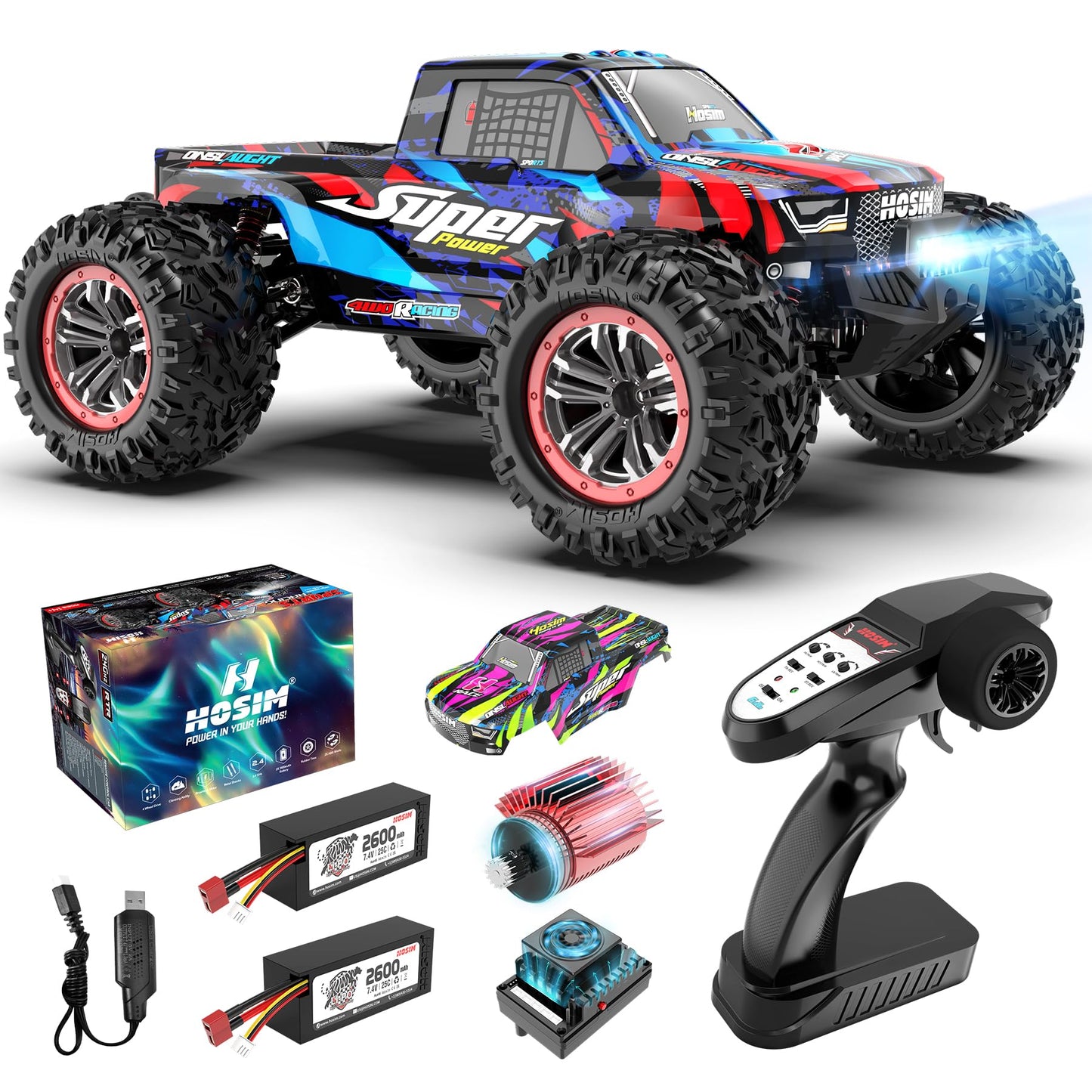 Hosim RC Car, 1:10 Brushless Remote Control Car 68+ km/h, RC Drift Car 4WD with 2 Batteries, Offroad Electronic Toy for Kids and Adults (X08)