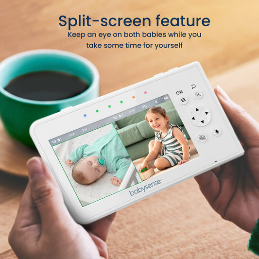 Babysense Baby Monitor with Split Screen 4.3", Video Baby Monitor with Two Cameras, PTZ Function, Range 300m (open space), Night Light, Two-Way Communication, Night Vision, Lullabies