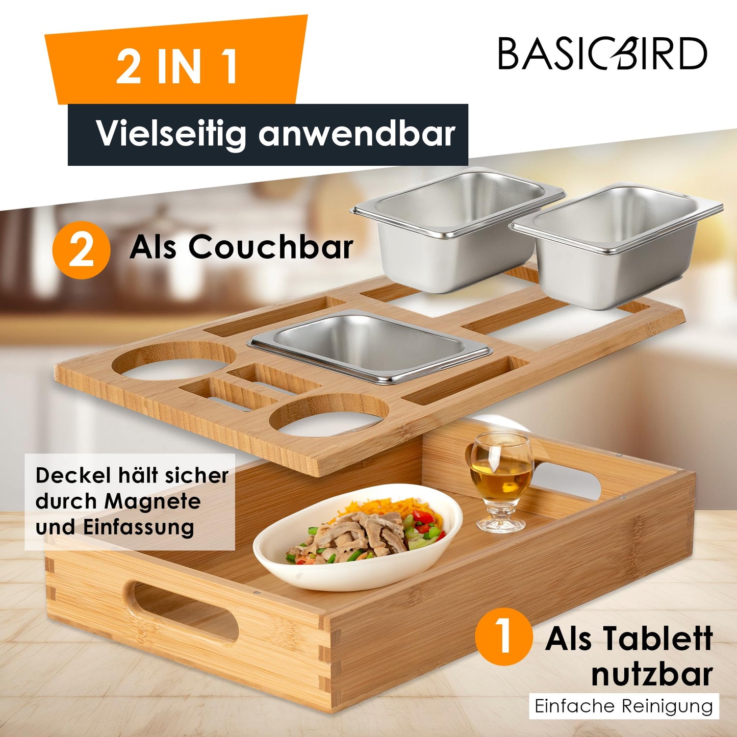 BASICBIRD® Couchbar Snackbox - Organizer Tray - Snack dispenser with 3X snack bowls - Wood sofa tray for sofa, decor, couch bar with drink holder - Snackbox with compartments - RV equipment