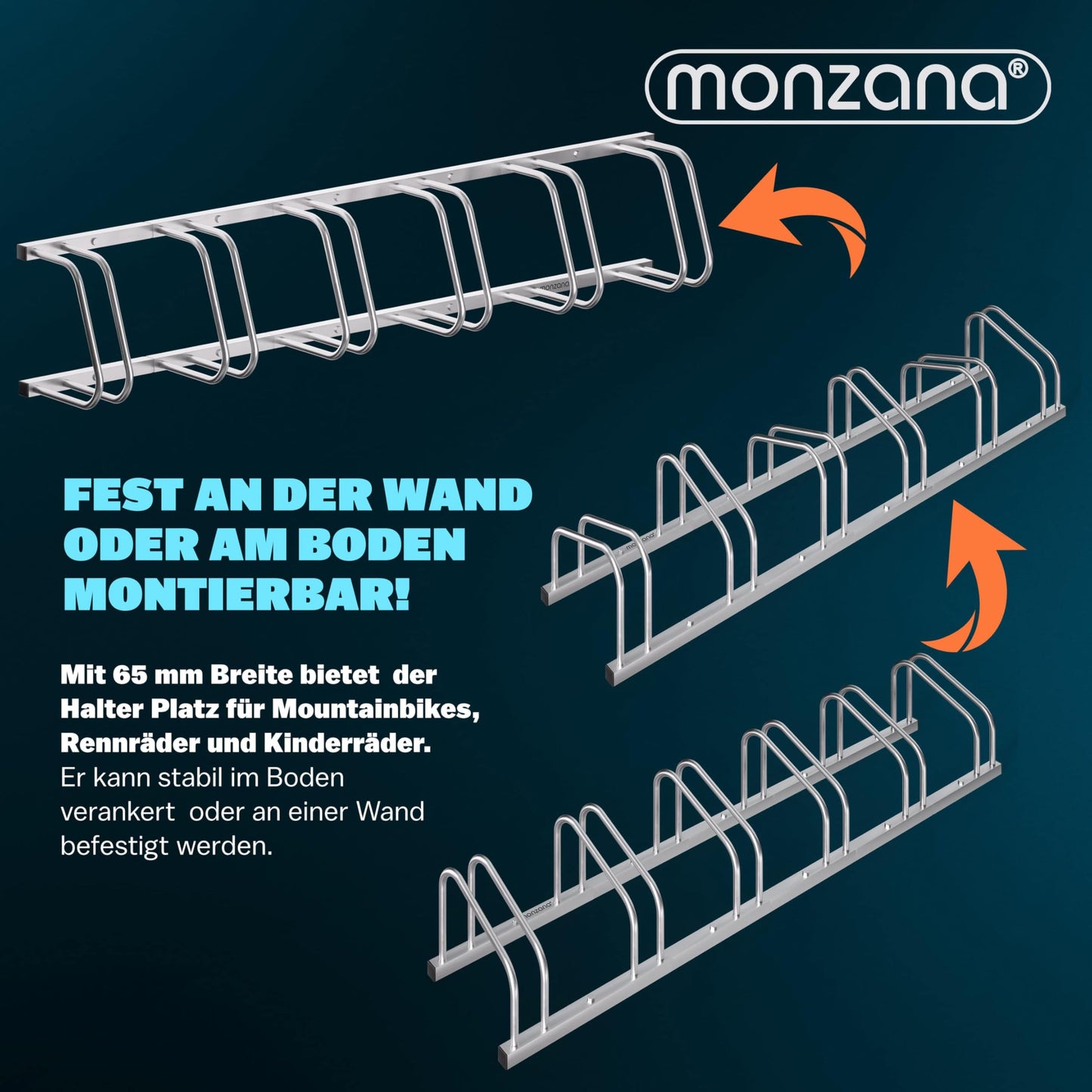 MONZANA® bike stand for 6 bikes 37cm distance between wheels 30-65mm tire width stainless steel self-locking screws ground or wall mounting multiple stand bike holder stand rack.