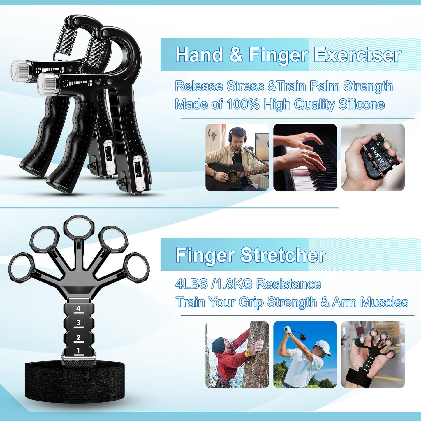 ALMAH Hand Trainer training set (5-pack), finger trainer grip strength trainer set, 2 adjustable resistance forearm trainers, finger stretcher, training ring & stress relief grip ball with carrying bag.