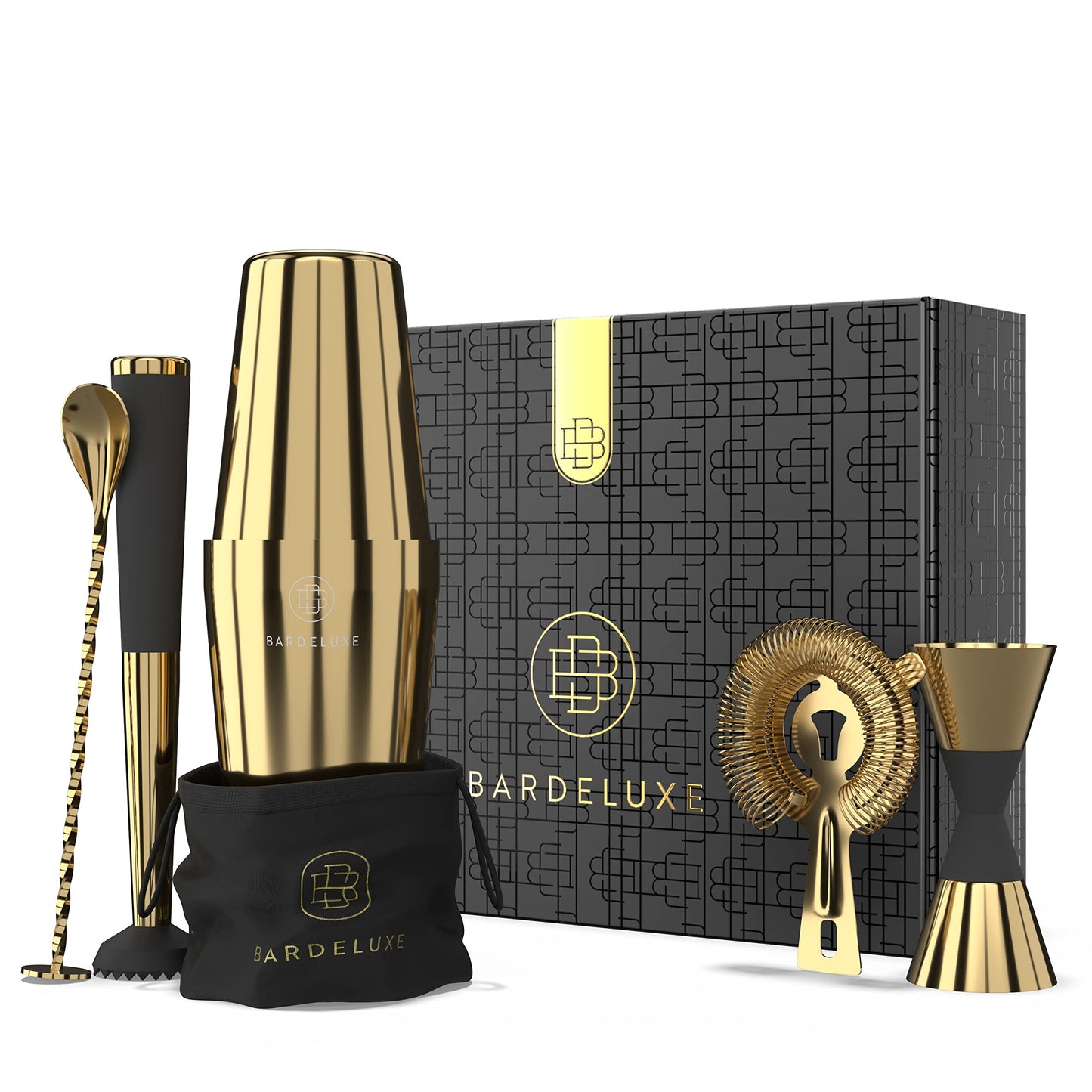 BarDeluxe® Boston Shaker Set 5-piece, Bartender Set, Cocktail Mix Set - 750ml Boston Cocktail Shaker, Stainless Steel Cocktail Set, Cocktail Accessories - Luxury Gift Set, Bag & recipe book (Gold)