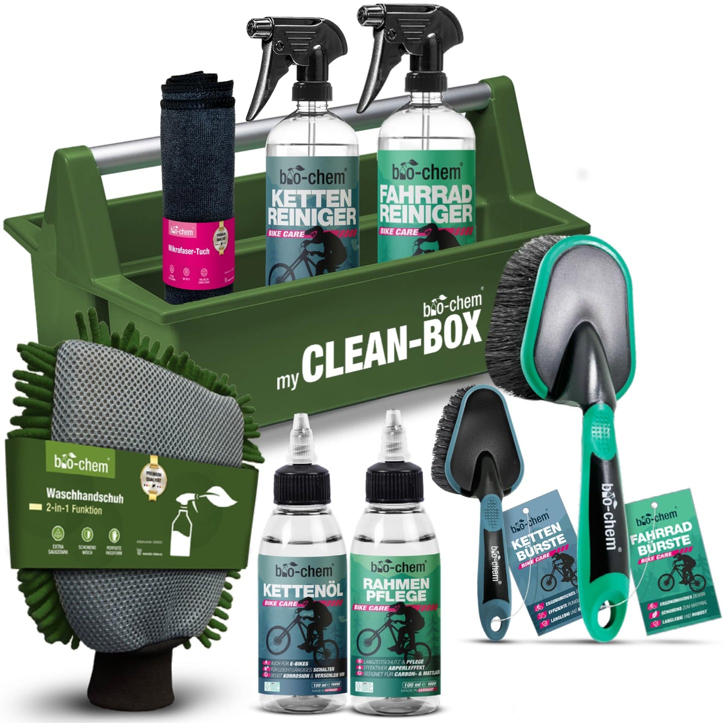 Bio-chem Premium Bike Cleaning Kit, 9-piece set for all bikes & e-bikes | Effective and gentle care products: bike cleaner, chain cleaner, chain oil, frame care + high-quality accessories