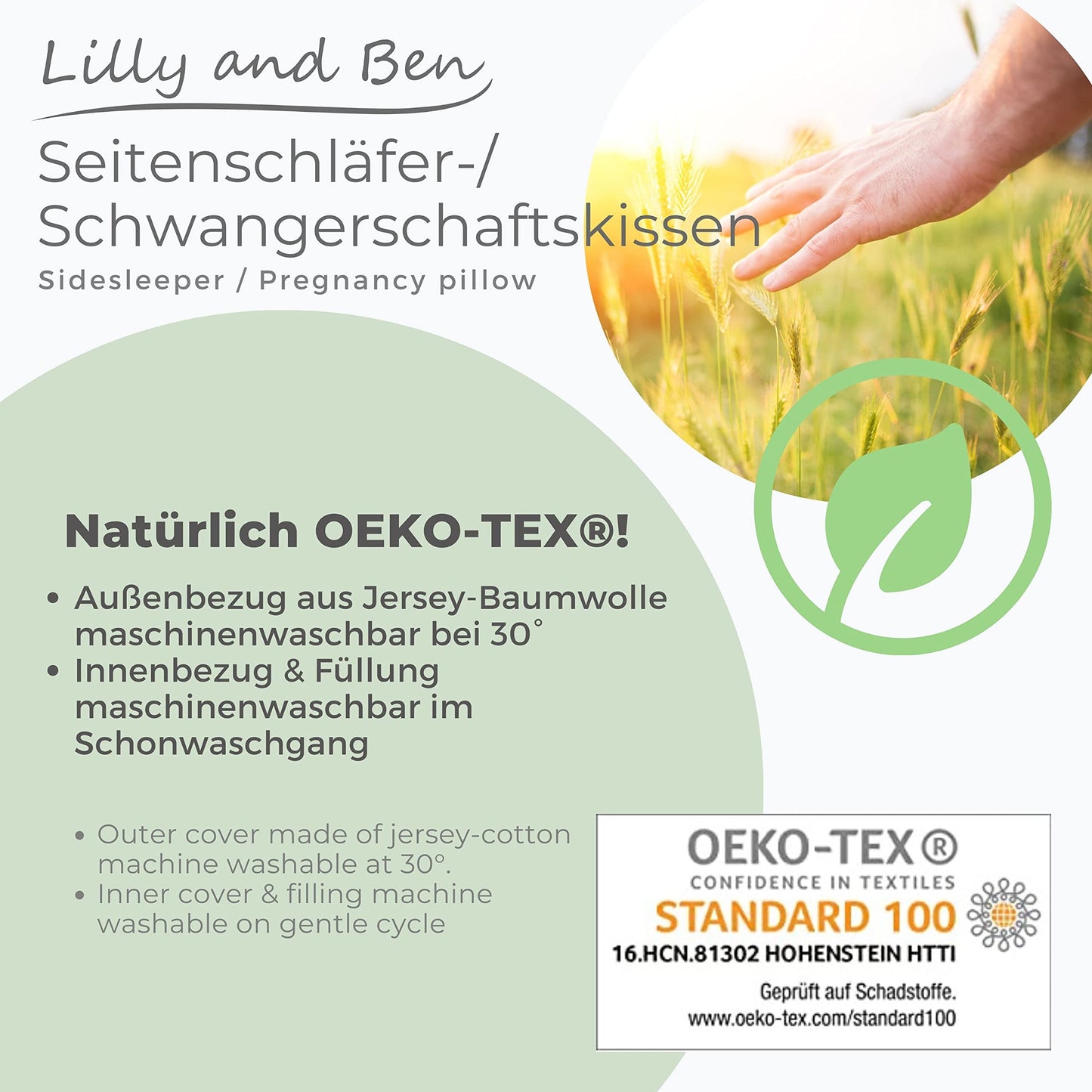 Lilly and Ben® side sleeper pillow with jersey cotton cover I Oeko-TEX® pregnancy pillow with firm filling I support pillow in 3 sizes I ergonomic body pillow