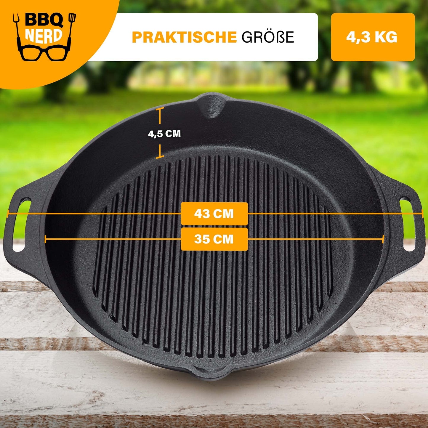 BBQ Nerd Cast Iron Grill Pan - with ridged bottom for beautiful grill marks - Steak Pan Ø 35 cm 4550g with spout and handle - Non-stick pan Skillet Outdoor Pan