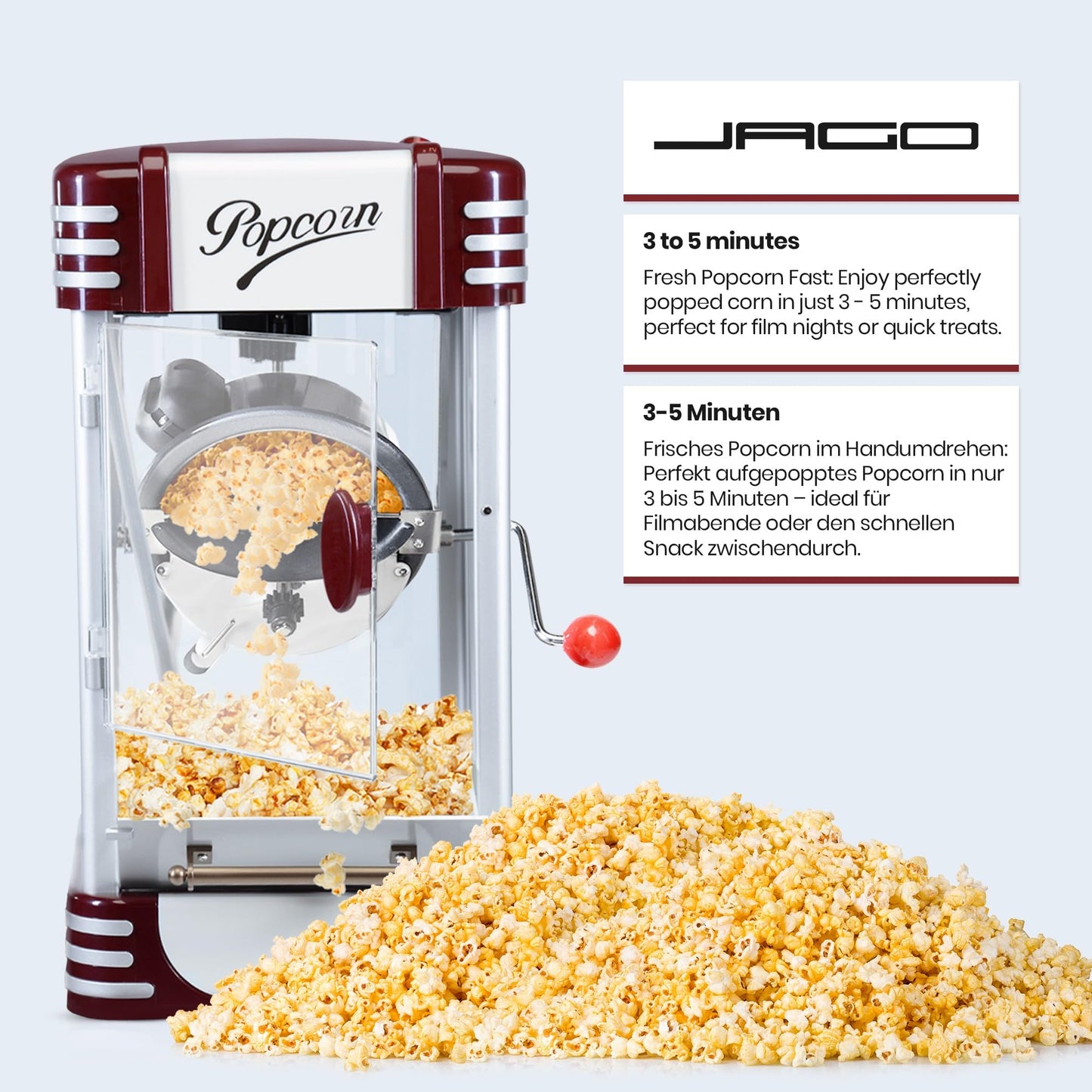 Jago® Popcorn Machine Retro - 60L/h, 200g/10min, Stainless Steel Pot, for salty popcorn - 50s style, Pro Popcorn Maker, Preparer, Machine