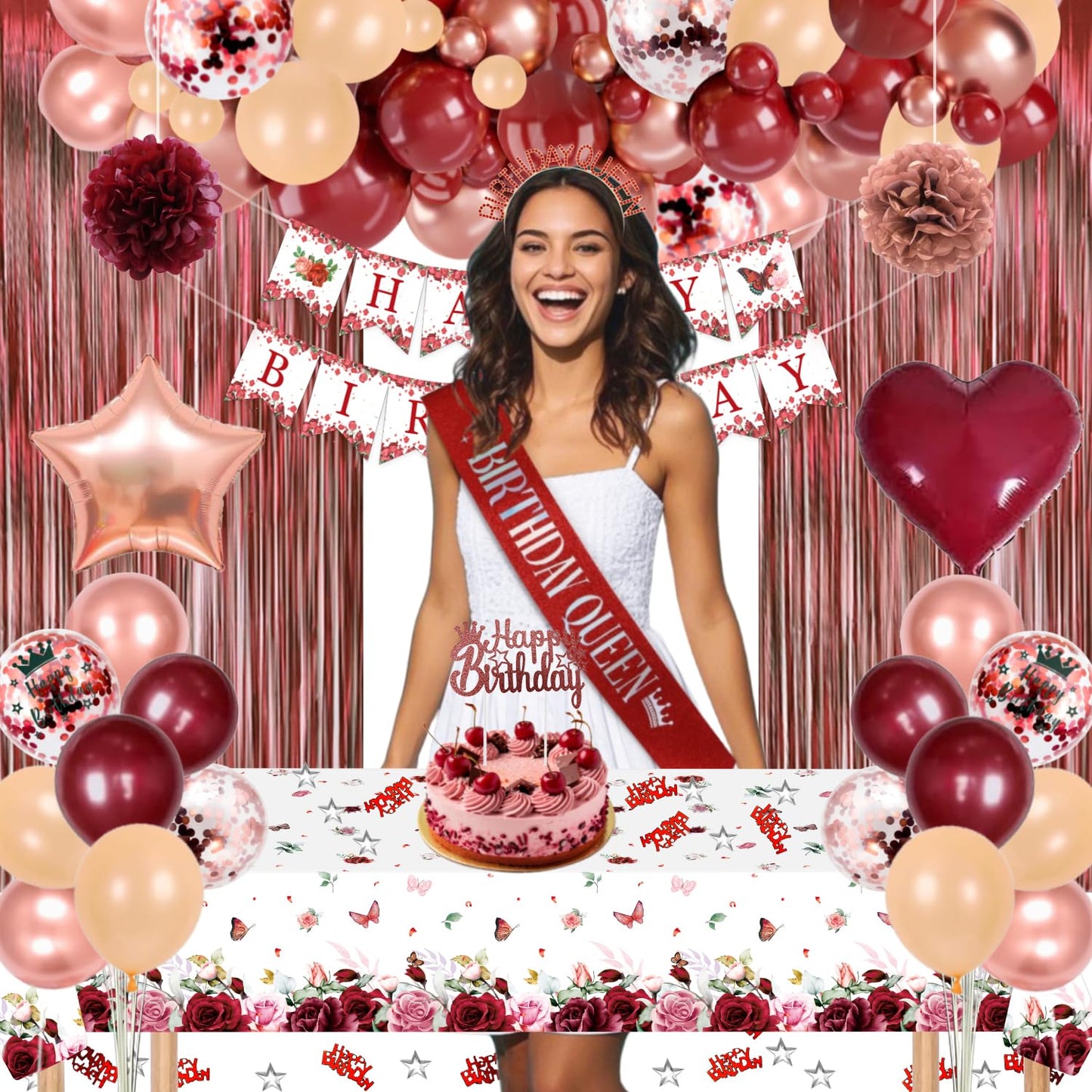 Birthday decoration, burgundy red rosegold party decor set with Happy Birthday banner, confetti balloons, sash and birthday crown, tablecloth, curtain, pom poms for women girls birthday decor.