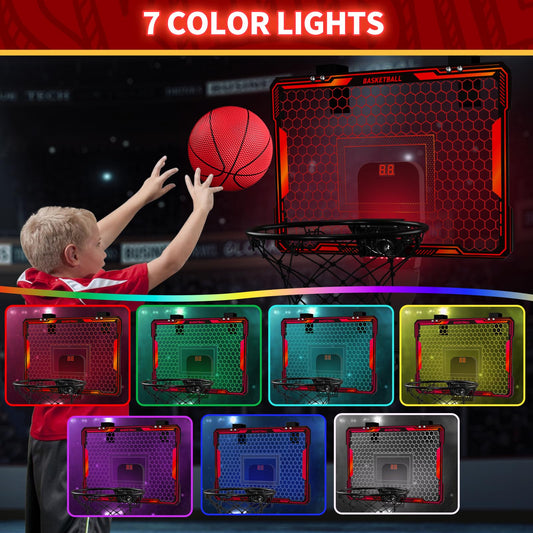 HYES Mini Basketball Hoop with 7 Lights for Kids, 3 Modes, Electronic Scoreboard, 3 Balls, Pump, Indoor Outdoor Sports Toy, Red