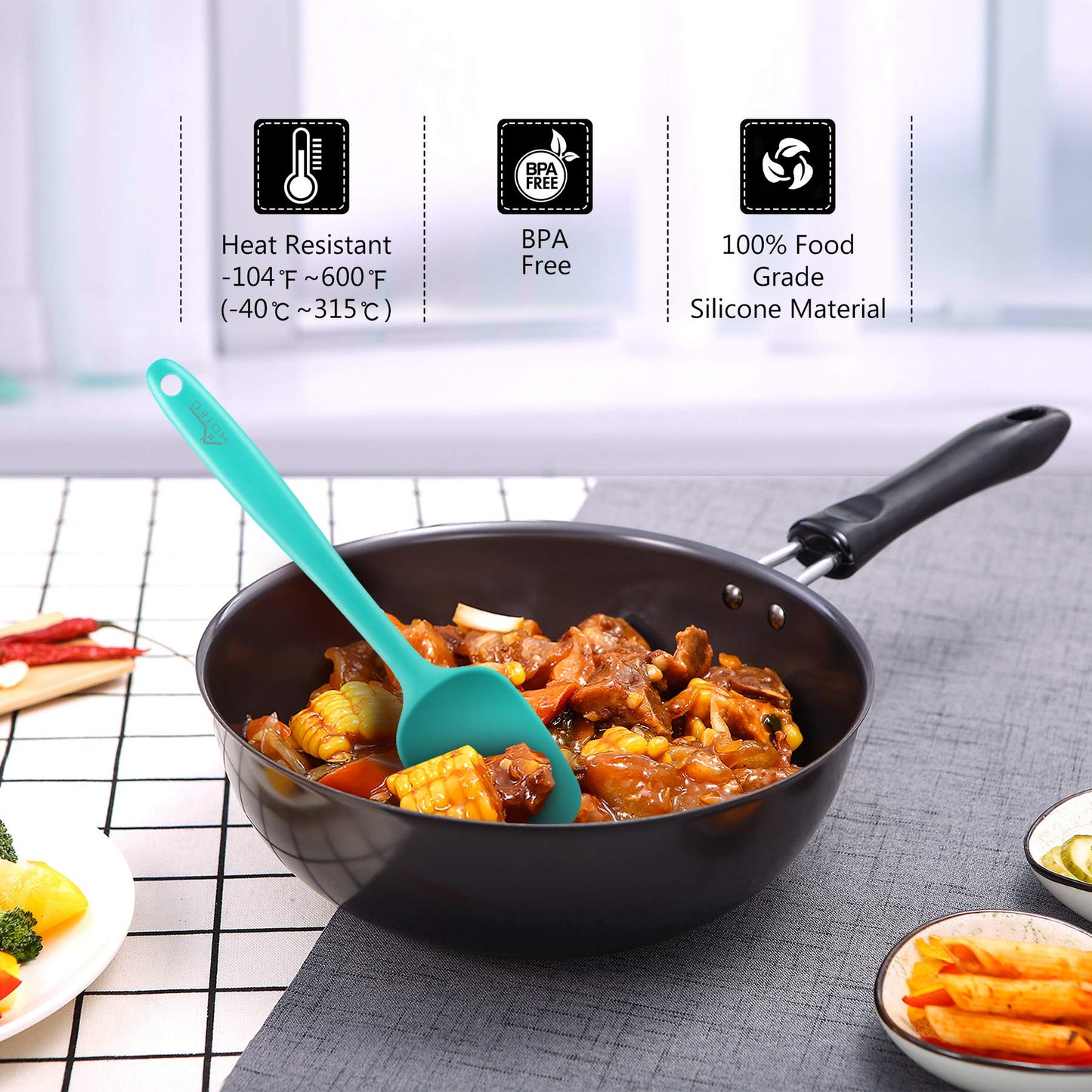 HOTEC 315°C heat-resistant BPA-free silicone rubber spatula set, kitchen spatula, baking, mixing for non-stick cookware, dishwasher safe, 5-piece set, Aqua Sky