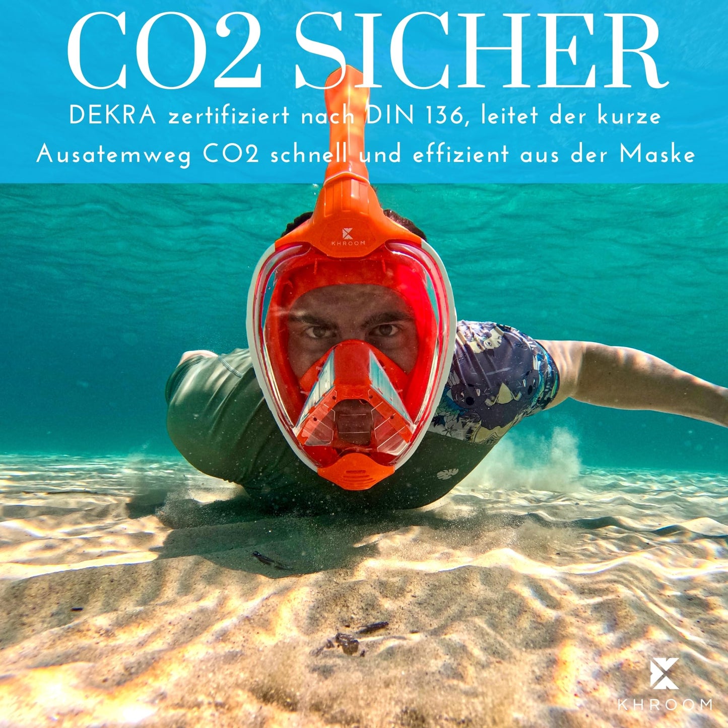 Khroom snorkel mask for adults & kids, DEKRA certified CO2 safety | Full-face Seaview X dive mask | Snorkeling gear/alternative to snorkel set (S/M, Blue)