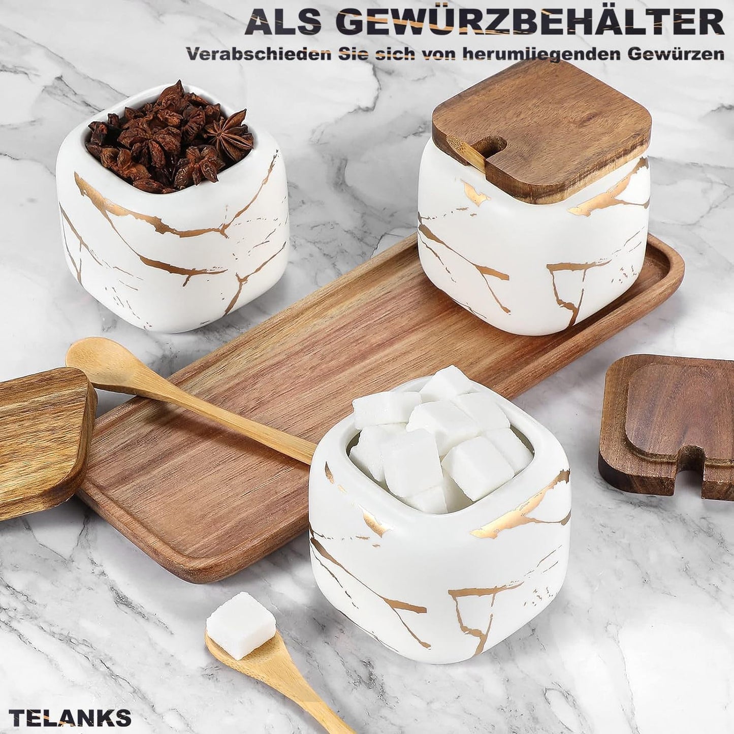 TELANKS 3-piece set includes ceramic sugar bowl with lid and spoon, spice jars with spoon, and salt cellar with lid. Perfect for home and kitchen.