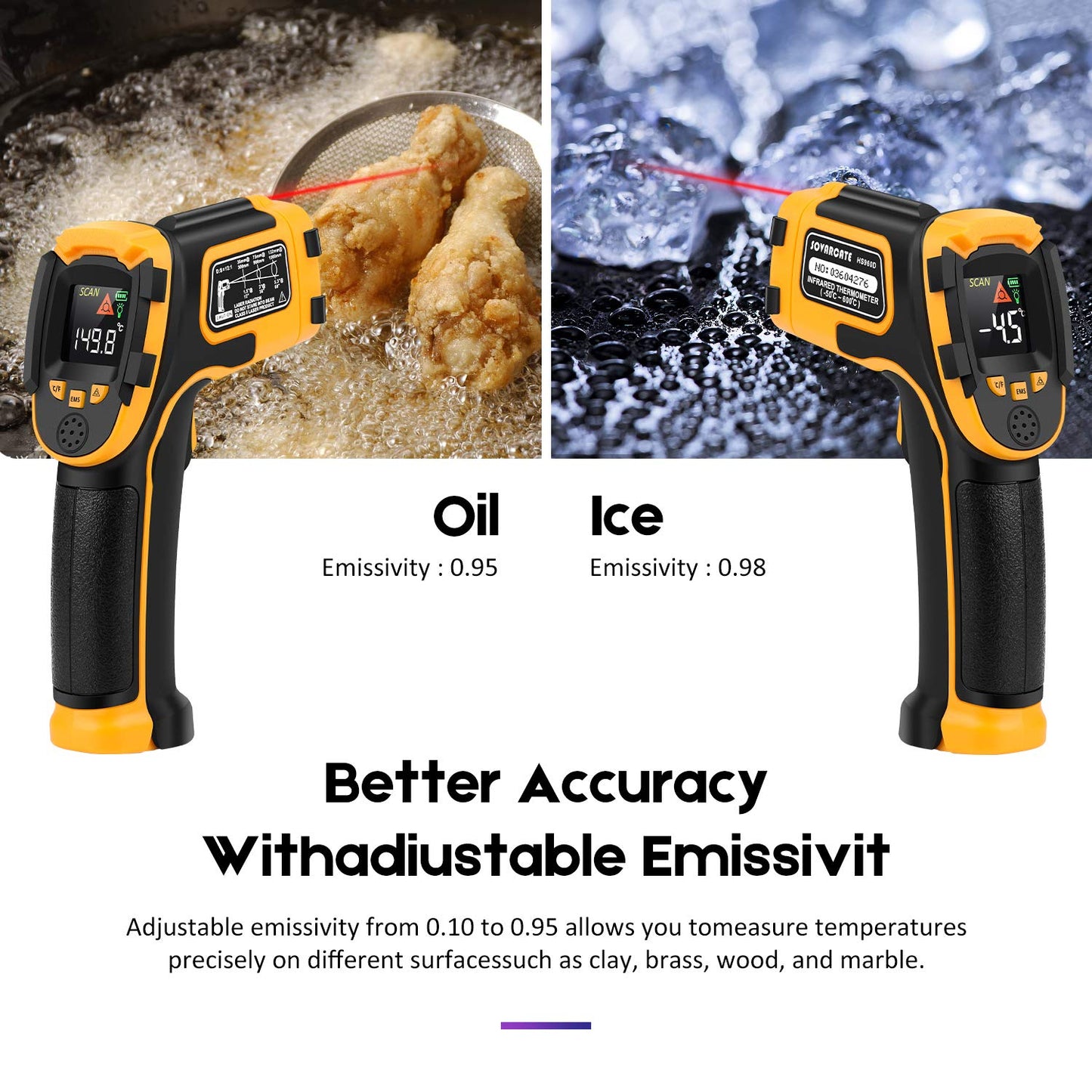Infrared Thermometer SOVARCATE Digital Laser Temperature Gun -58°F~1112°F (-50°C~600°C) Non-Contact Non-Human Body Thermometer - for Cooking/Barbecue/Freezer/Industrial