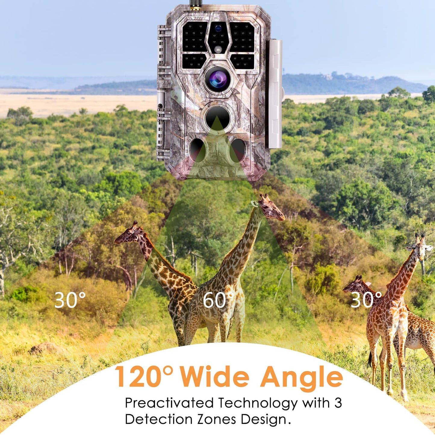 BlazeVideo wildlife camera with app, night vision photo trap 64MP 1296P Connect through app Bluetooth antenna with night vision motion detector