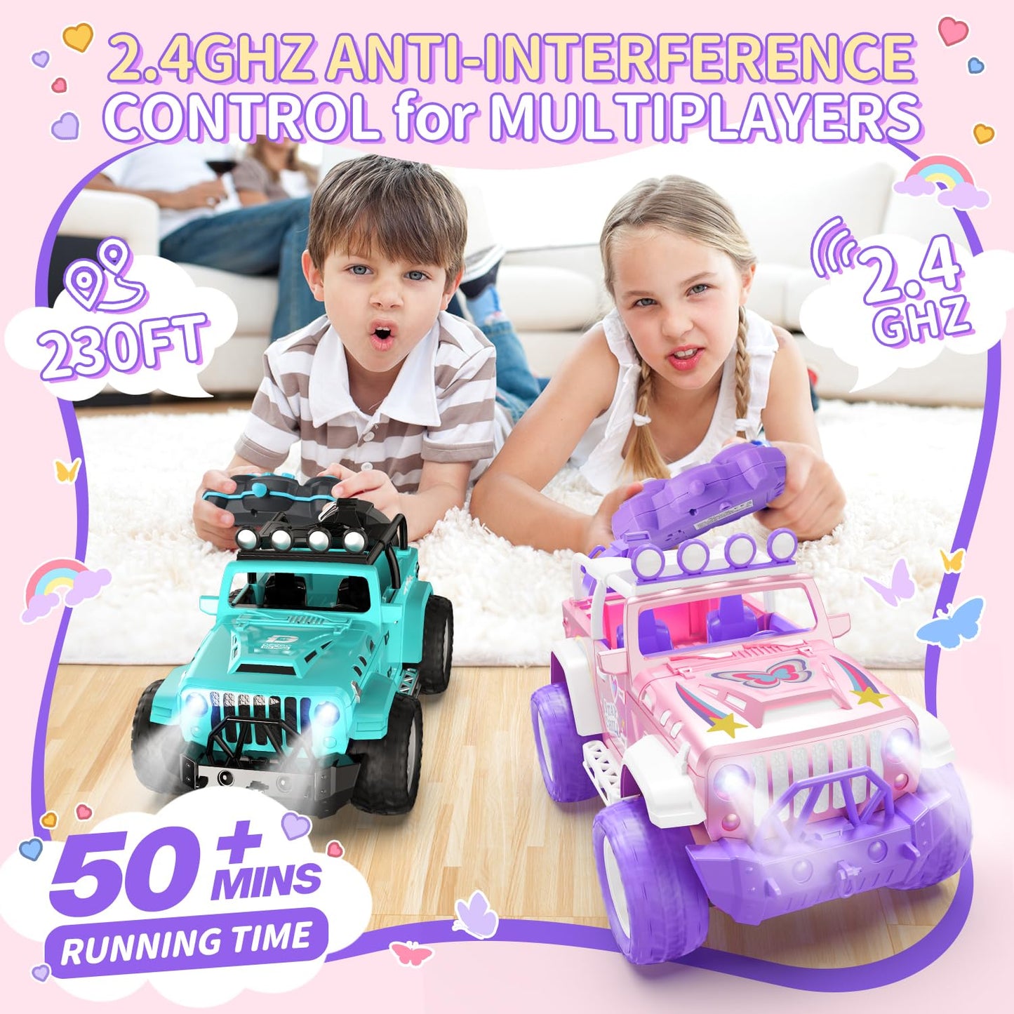 DEERC Pink Remote Control Car for Girls with Fog and Music, 1:16 RC Car with LED Lights for Kids, All-Terrain SUV Truck Gifts, Off-Road Toy Car, Girls Toy DE86-PI-DE4