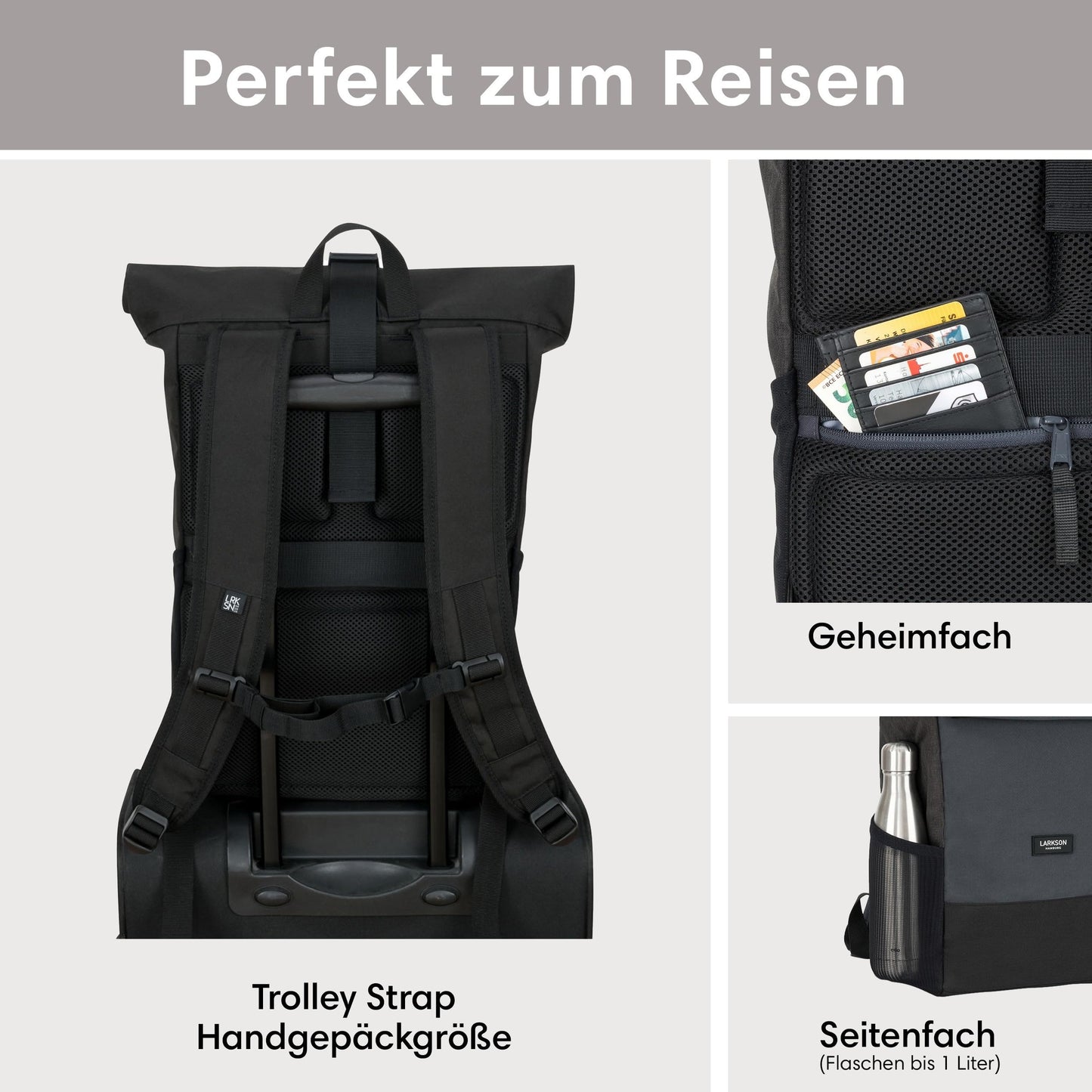 LARKSON Backpack Men & Women Black Grey - No 4 - Rolltop Backpack with Laptop Compartment for College, Work & Bike - Large Travel Backpack - Water-Resistant