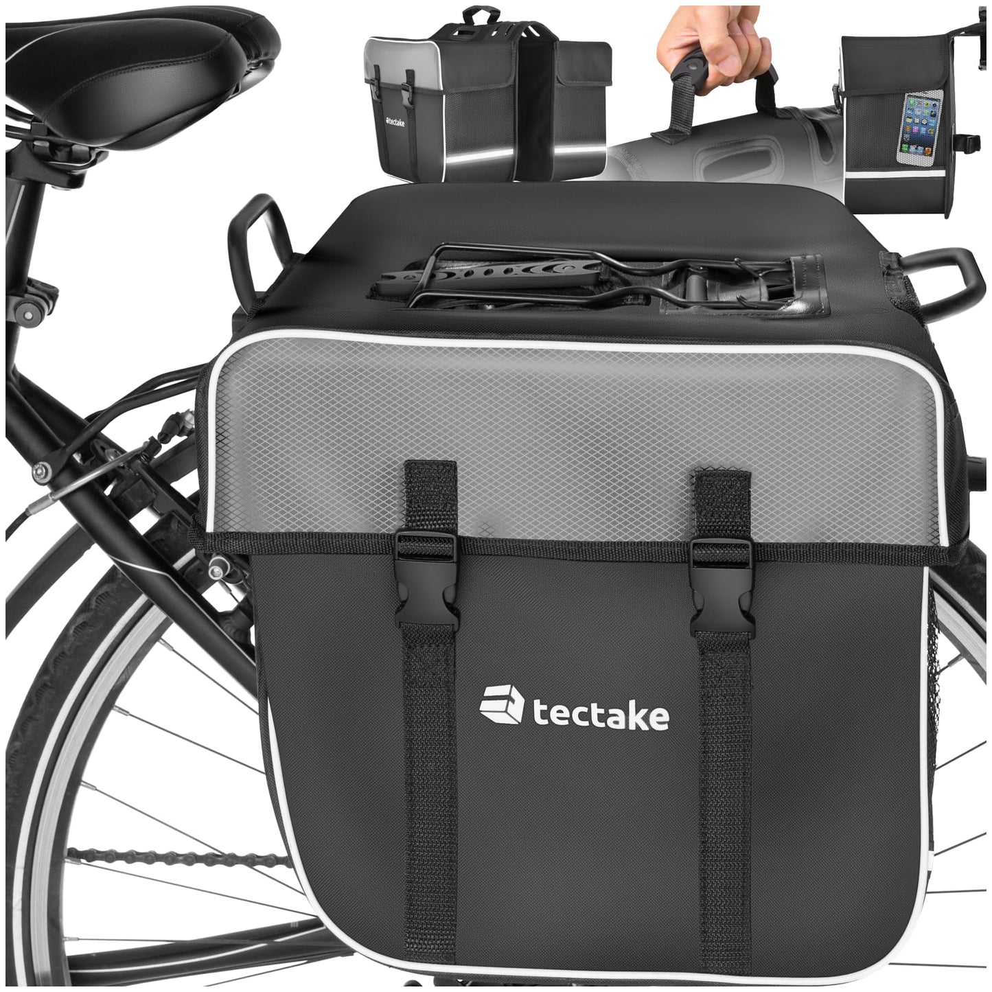 tectake® Luggage carrier bag for bicycles and eBikes, 35 L, Bicycle bags for luggage carrier, Saddle bag made of water-repellent PVC, Luggage carrier bags with reflective stripes and carrying handle, Bikepacking