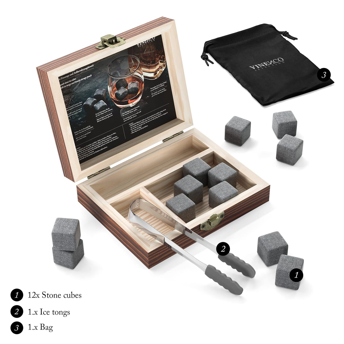 Whiskey Stones Set - 12 Reusable Basalt Ice Cubes, Tongs + Cloth Bag, Whiskey Ice Cubes Cooling Stones Bar Accessories Cocktail Rocks Gin Stones Decorative Accessories Gift Whisky Stones